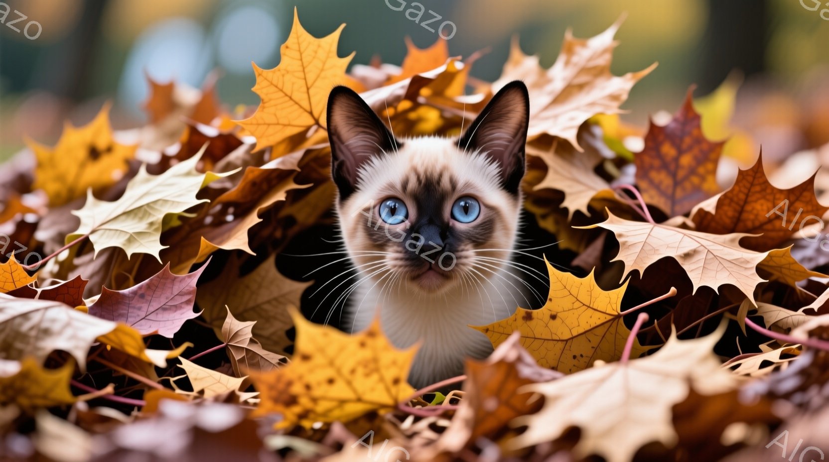シーマル猫が落ち葉の中に顔を隠すようにして座っている。猫は青い目をしており、好奇心と少しの警戒心のある表情をしている。背景は鮮やかなオレンジ色、黄色、赤色の落ち葉で覆われており、秋の穏やかで温かい雰囲気を醸し出している。
