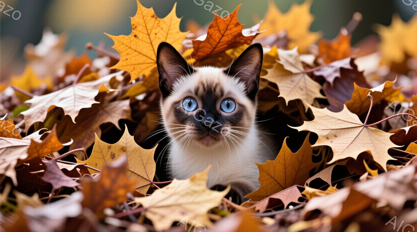 シーマ模様の猫が、落ち葉の中に隠れている様子が写っている。猫は青い目を持ち、好奇心旺盛な表情でこちらを見ている。背景は鮮やかなオレンジや黄色の落ち葉で埋め尽くされ、秋の穏やかで暖かい雰囲気を醸し出している。