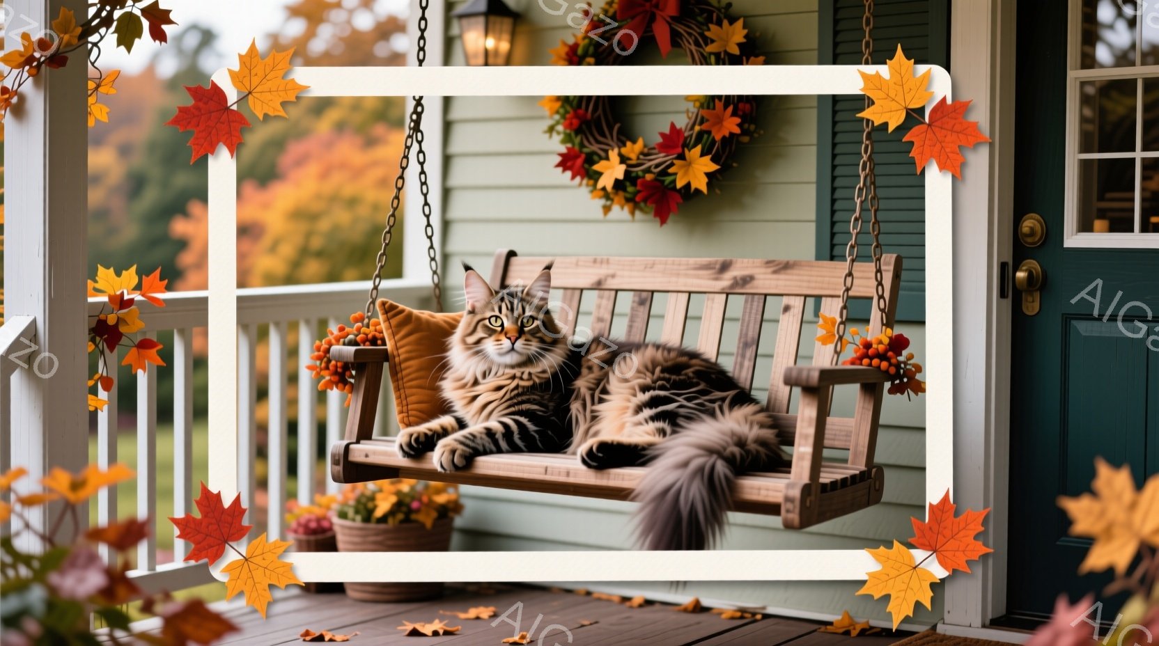 大きな毛並みの猫が、ベランダの揺れる椅子にゆったりと横たわっています。背景には、秋らしい装飾が施された玄関と、落ち葉が散らばる庭が見え、暖かく穏やかな雰囲気が漂っています。秋の太陽の光が柔らかく差し込 - AI生成フリー素材