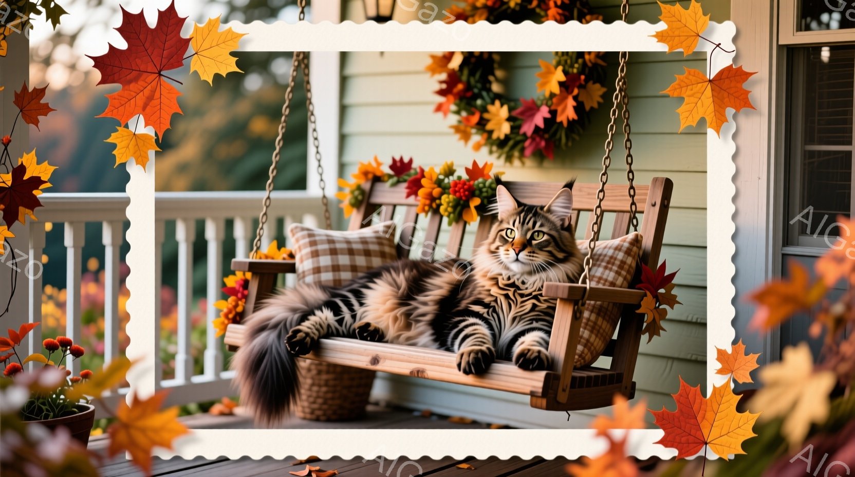 縞模様の大きな猫が、庭の吊り椅子にゆったりと横たわっています。秋らしい装飾が施された庭の背景には、落ち葉が散らばり、暖かく穏やかな雰囲気が漂っています。吊り椅子にはチェック柄のクッションが置かれ、猫は - AI生成フリー素材