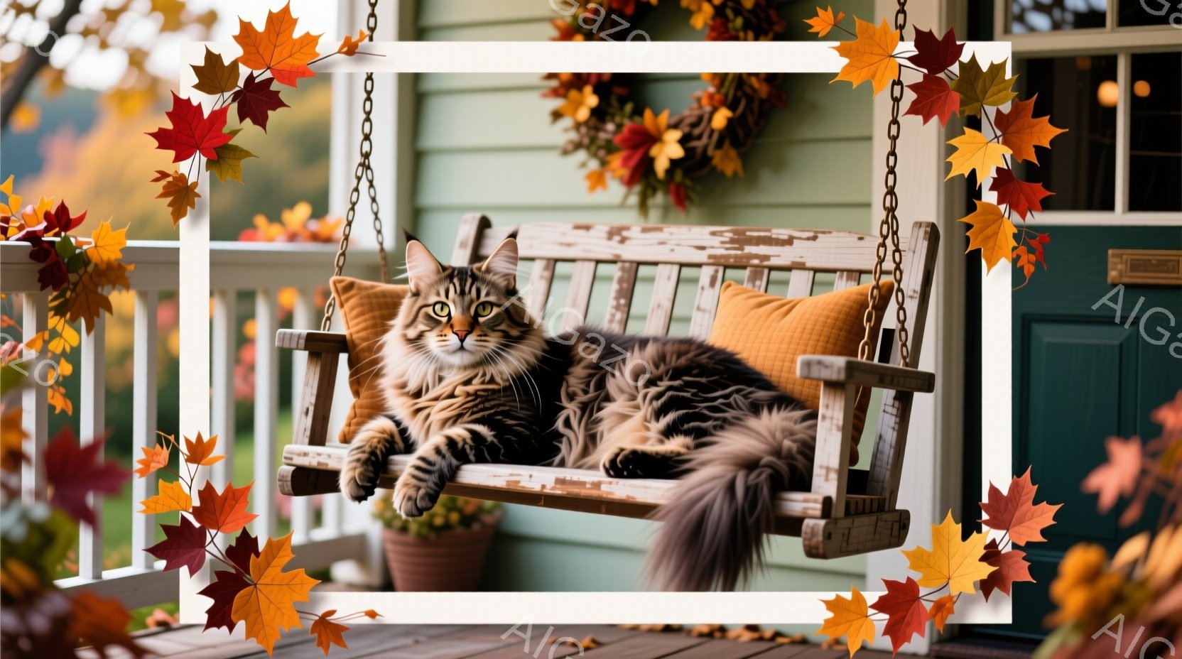 長い毛並みの縞模様の猫が、庭のポーチにある白いスイングチェアにゆったりと横たわっています。猫はリラックスした表情で、後ろ足はハンギングプランターの上に置かれ、穏やかな秋の雰囲気が漂います。背景には緑色の壁と、秋色の紅葉した葉が散りばめられ、自然と調和した安らかな光景です。