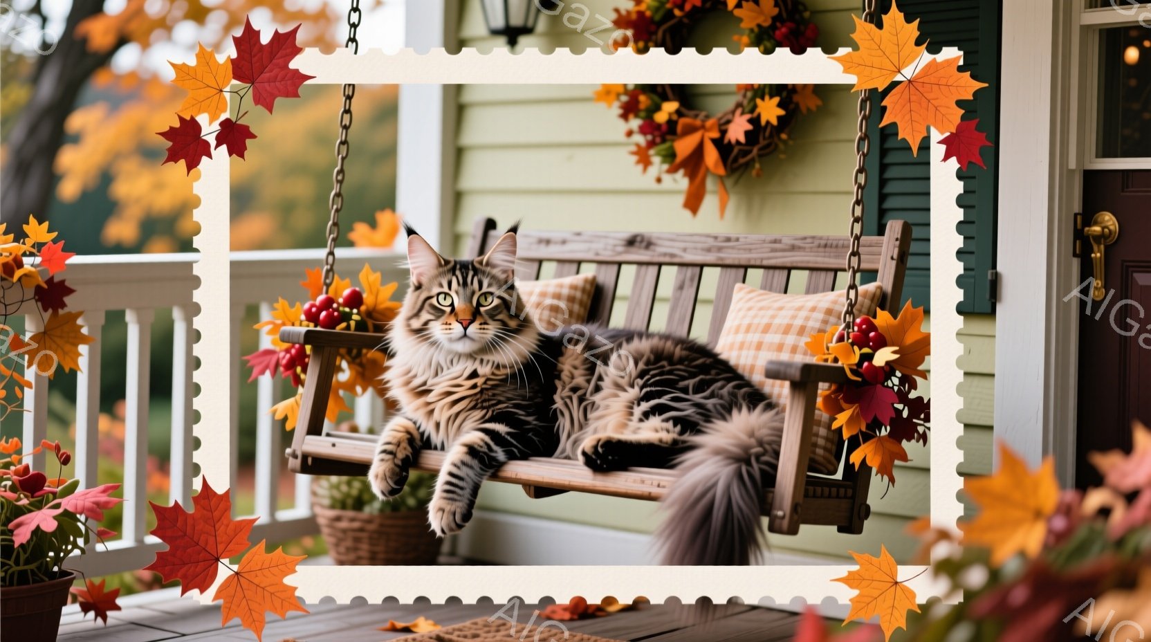 This image features a gray cat sitting on a wooden swing with a fall theme. The cat is looking off to the side and appears calm. There are autumn leaves scattered around, enhancing the seasonal atmosphere. In the background, there's a house with windows and a front porch where the swing is situated. The overall ambiance suggests a peaceful autumn day.