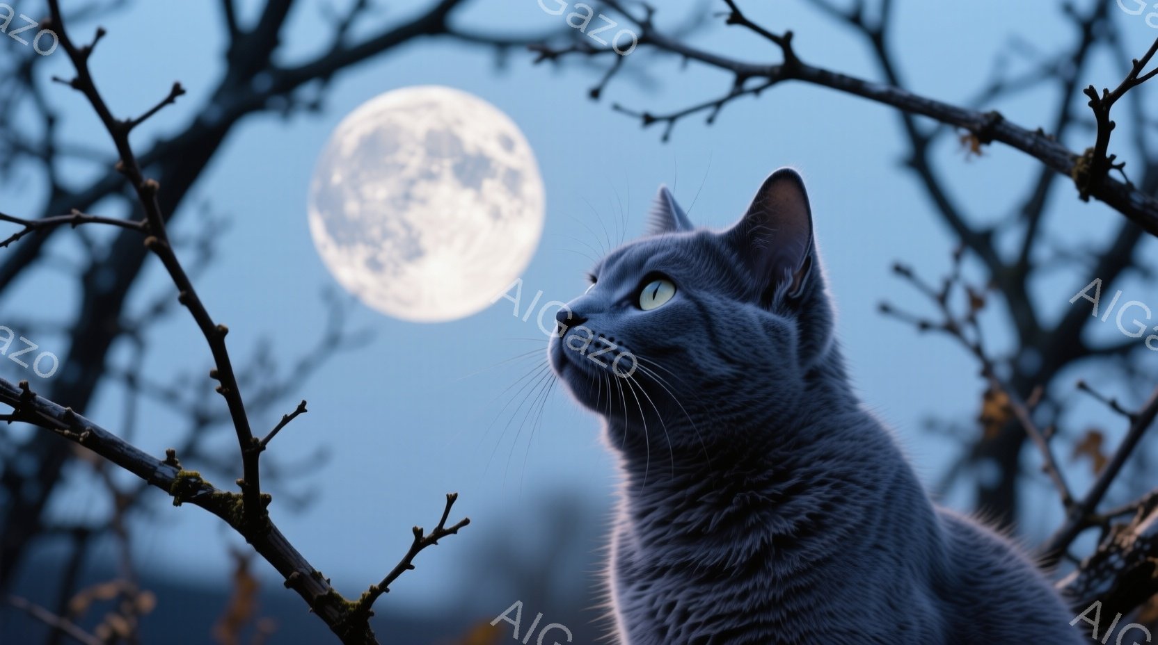 空を見上げる灰色の猫が写っています。猫は枝に寄りかかり、鋭い目つきで月を見つめています。背景には、暗い空と、枝の隙間から見えるぼんやりとした満月があり、静かで神秘的な雰囲気を醸し出しています。 - AI生成フリー素材