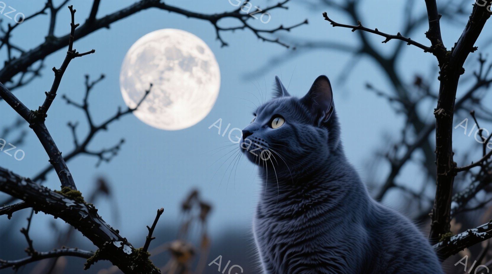 灰色の毛並みの猫が、空を見上げています。背景には、冬の空と満月が広がり、木の枝がシルエットとなって猫を囲んでいます。全体的に静かで神秘的な雰囲気が漂い、冬の夜の美しさが表現されています。