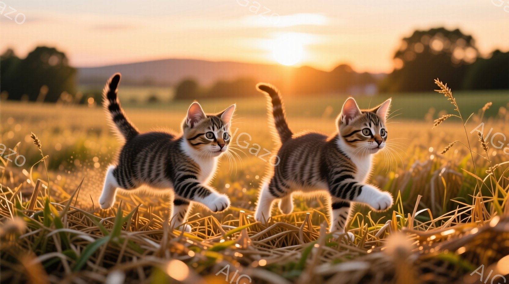 黄金色の草原を二匹の縞模様の子猫が駆け抜けている。子猫たちは活発に前進し、少し上体をかがめて、遊び心に満ちた表情をしている。背景には穏やかな夕焼けが広がり、暖かい光が草原全体を包み込み、平和で穏やかな - AI生成フリー素材