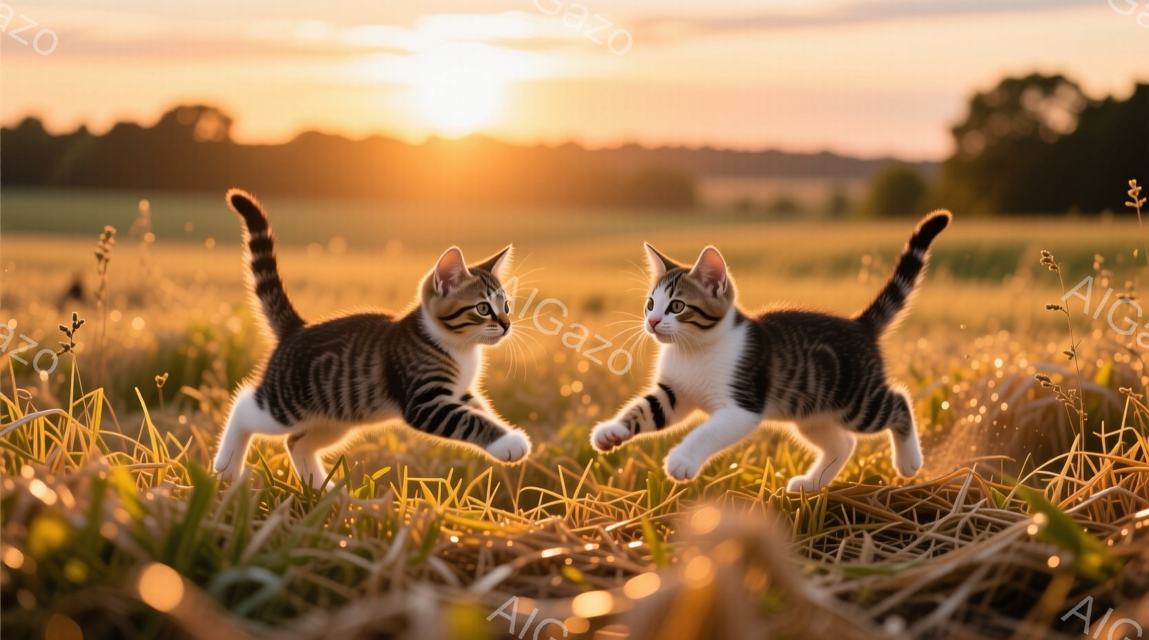 二匹の子猫が草原で走り回っており、互いに向き合って、遊び心にあふれた表情をしています。背景は夕暮れ時の黄金色の草原で、太陽が沈みかけて暖かく優しい光を投げかけています。全体的に、暖かく、活気に満ちた、幸福感に満ちた雰囲気です。