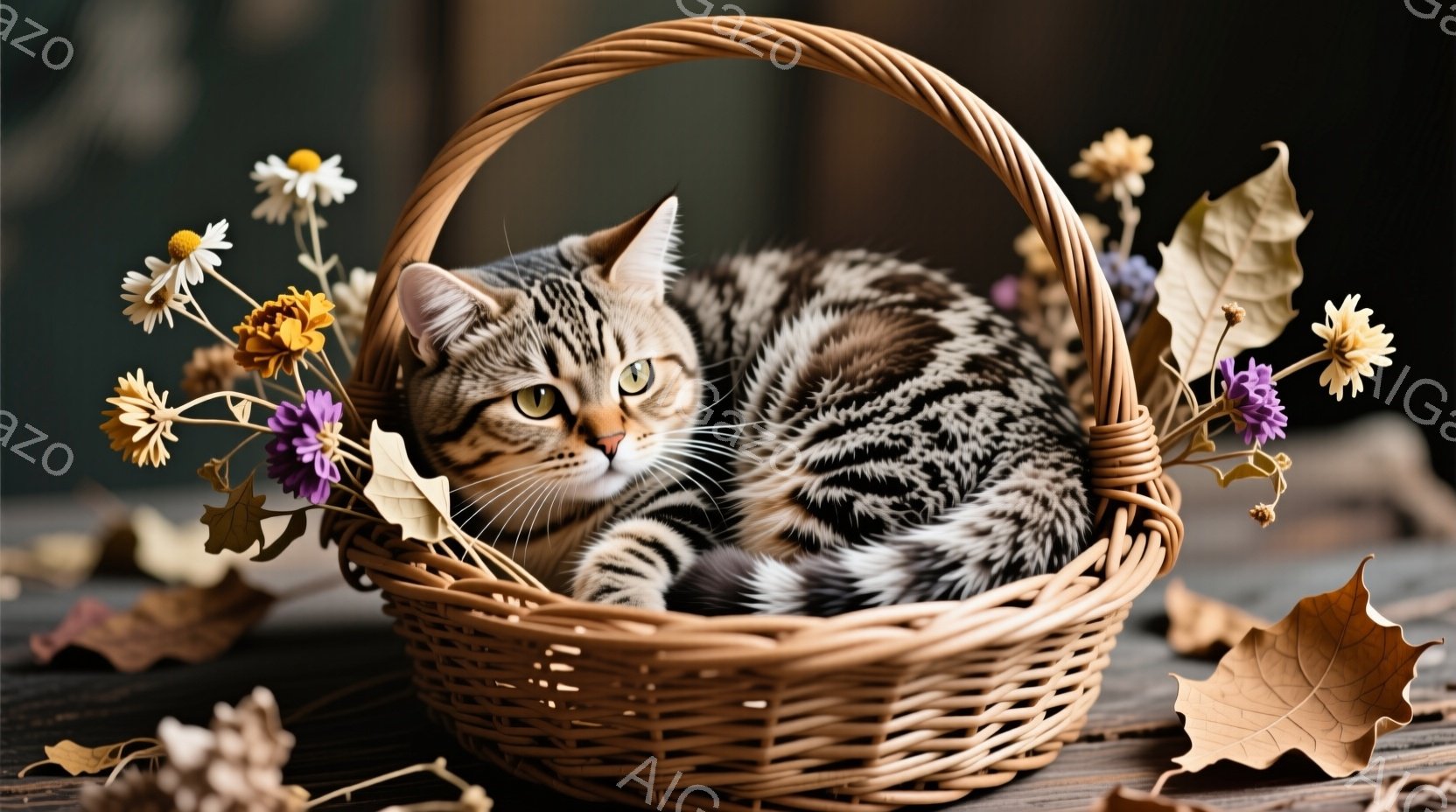 縞模様の猫が、花と葉で飾られた籐のバスケットの中に横たわっています。猫はリラックスした様子で、穏やかな表情でこちらを見ています。背景は木製のテーブルで、落ち葉が散らばっており、秋の暖かく穏やかな雰囲気 - AI生成フリー素材
