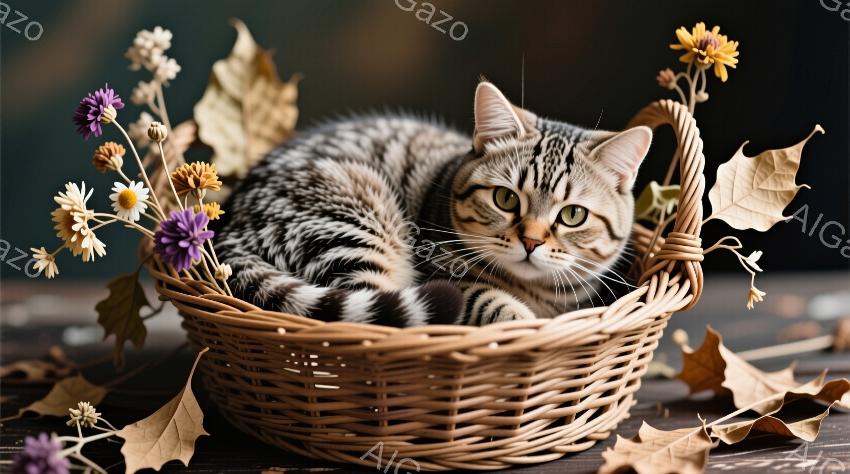 縞模様の猫が、籐で編まれたバスケットの中に丸まって横たわっています。猫の表情は穏やかで、目は少し眠たげです。バスケットの周りには、枯れた花や葉が散りばめられており、秋の落ち着いた雰囲気を醸し出しています。