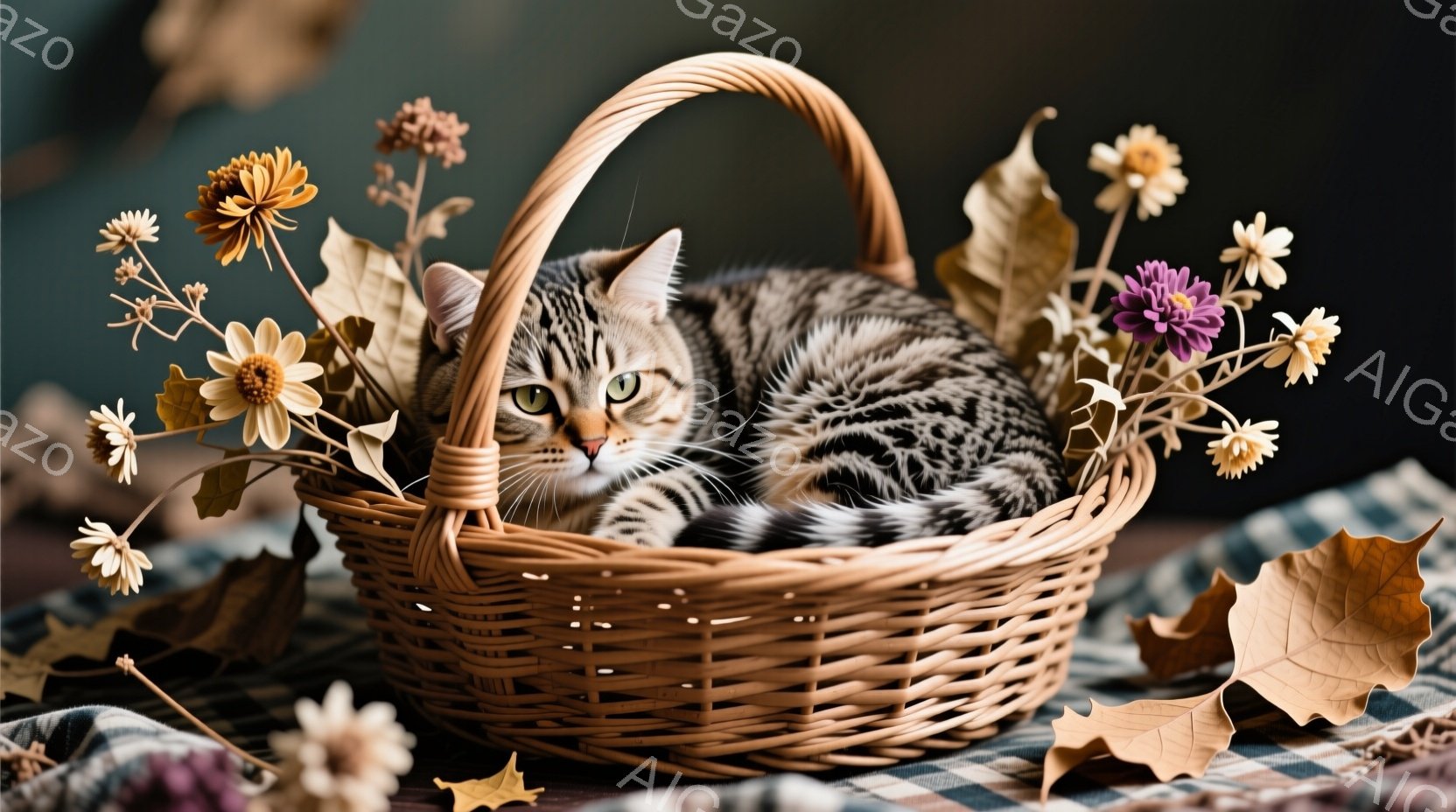 縞模様の猫が、籐で編まれたバスケットの中に丸まって眠っています。周りにはドライフラワーが散りばめられ、落ち着いた秋の雰囲気を醸し出しています。背景にはチェックの布が敷かれ、柔らかい光が猫と花を照らして - AI生成フリー素材