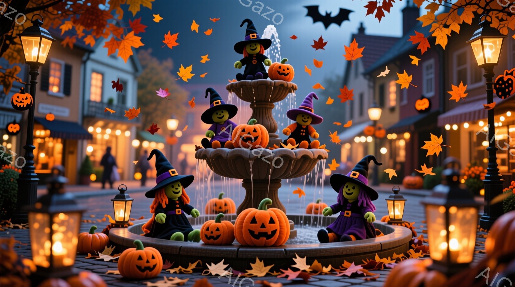 ハロウィーンの装飾が施された広場の中央に、カボチャのランタンと可愛らしい魔女の人形が配置された噴水が描かれています。魔女の人形は紫色のドレスと先の尖った帽子をかぶり、それぞれ異なるポーズで噴水の段に座 - AI生成フリー素材