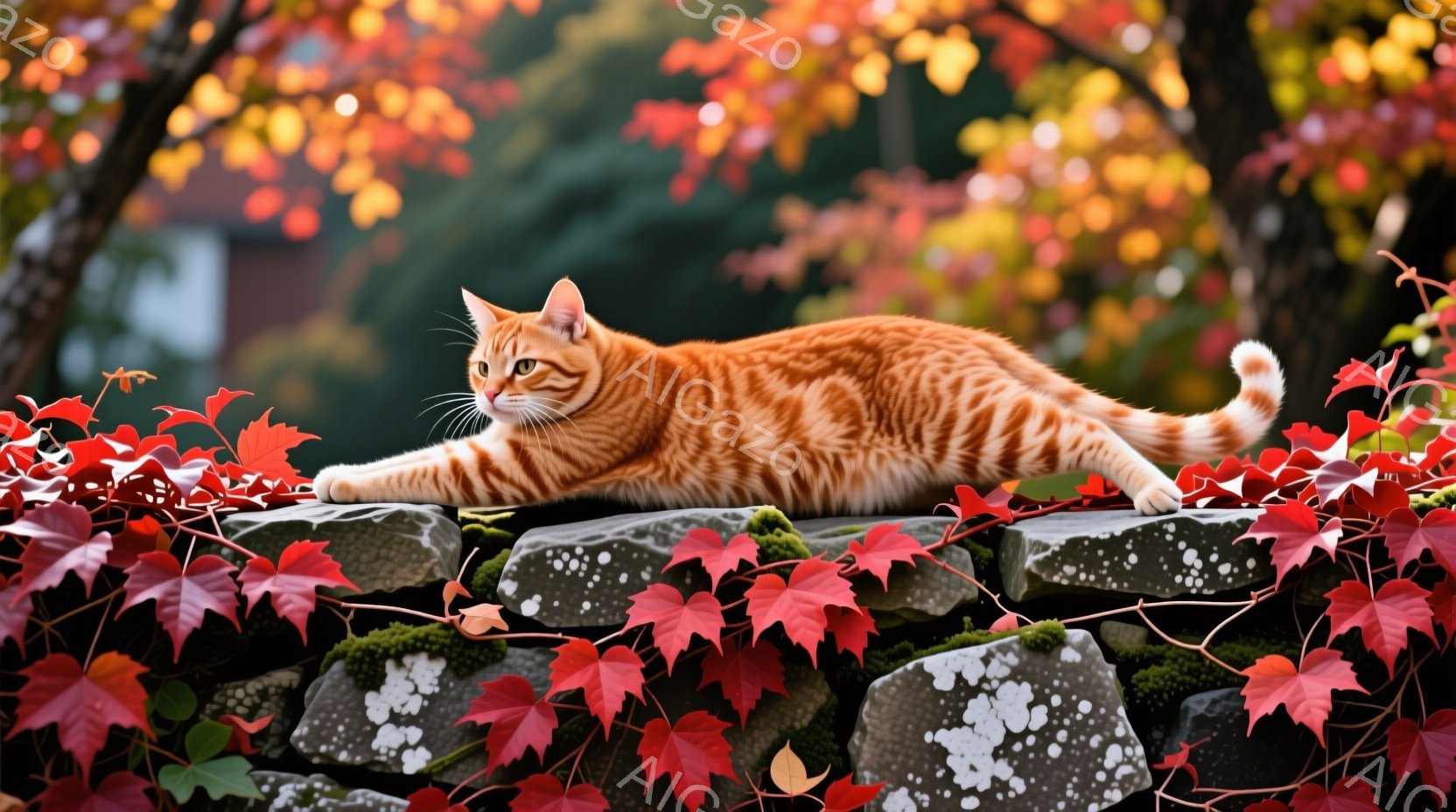 赤い毛並みの猫が、苔むした石垣の上に体を伸ばして横たわっています。鮮やかな赤色の蔦が石垣を覆い、背景には秋の紅葉がぼんやりと見え、温かく穏やかな雰囲気を醸し出しています。猫はリラックスした表情で、まるで秋の風景の一部として静かに佇んでいます。