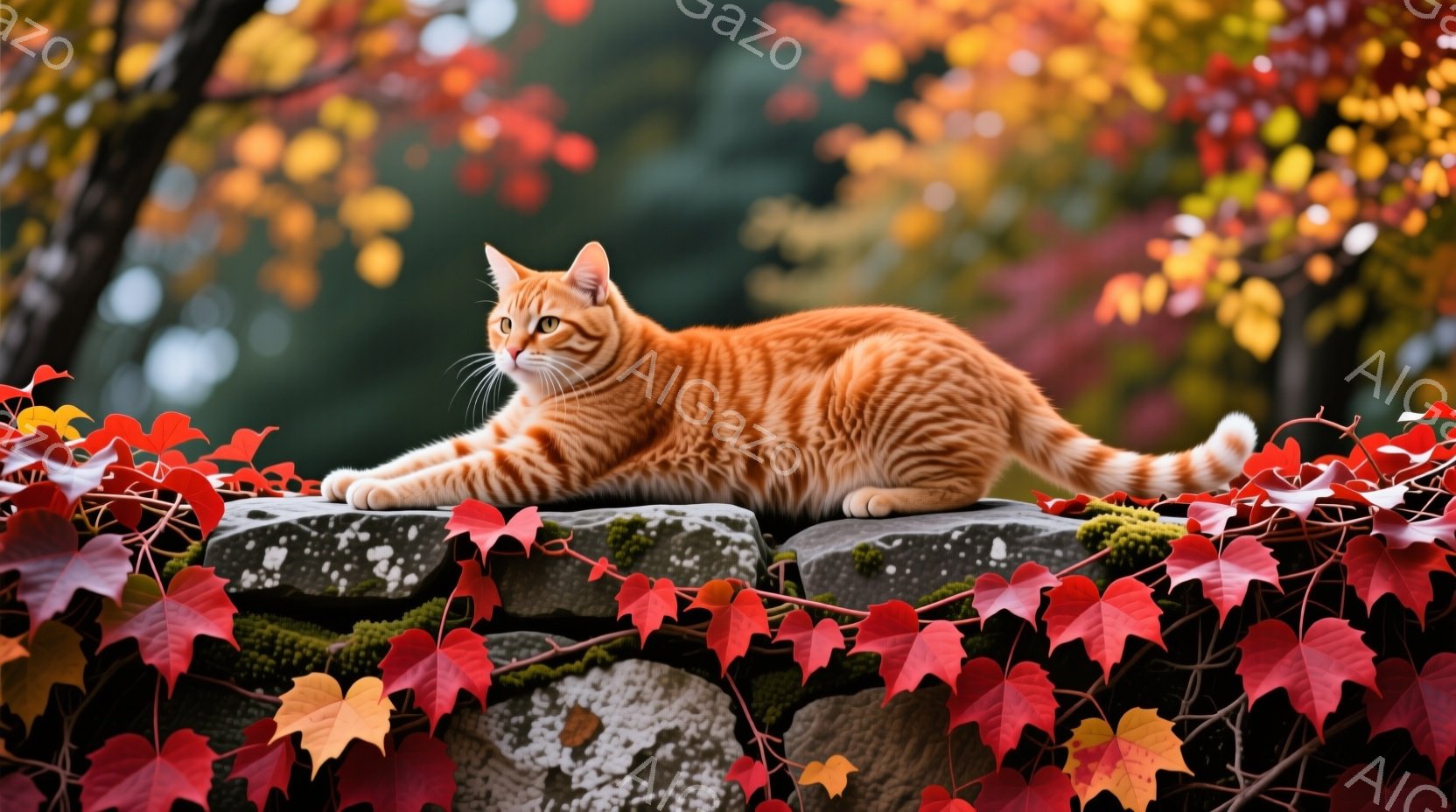 鮮やかなオレンジ色の縞模様の猫が、苔むした石垣の上にうつ伏せになって休んでいます。背景には、赤や黄色の紅葉が茂り、秋の暖かく鮮やかな雰囲気を醸し出しています。猫はリラックスした姿勢で、穏やかな表情で周 - AI生成フリー素材