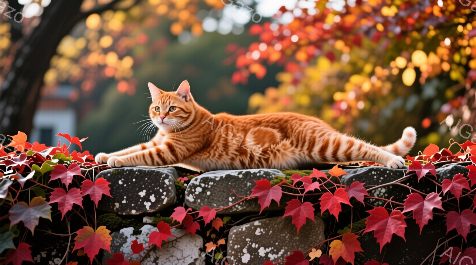 オレンジ色の毛並みの猫が、苔むした石垣の上に横たわっている。背景には赤やオレンジ色の紅葉が広がり、秋の陽光が暖かく猫を照らしている。猫はリラックスした様子で、穏やかな表情で遠くを見つめている。