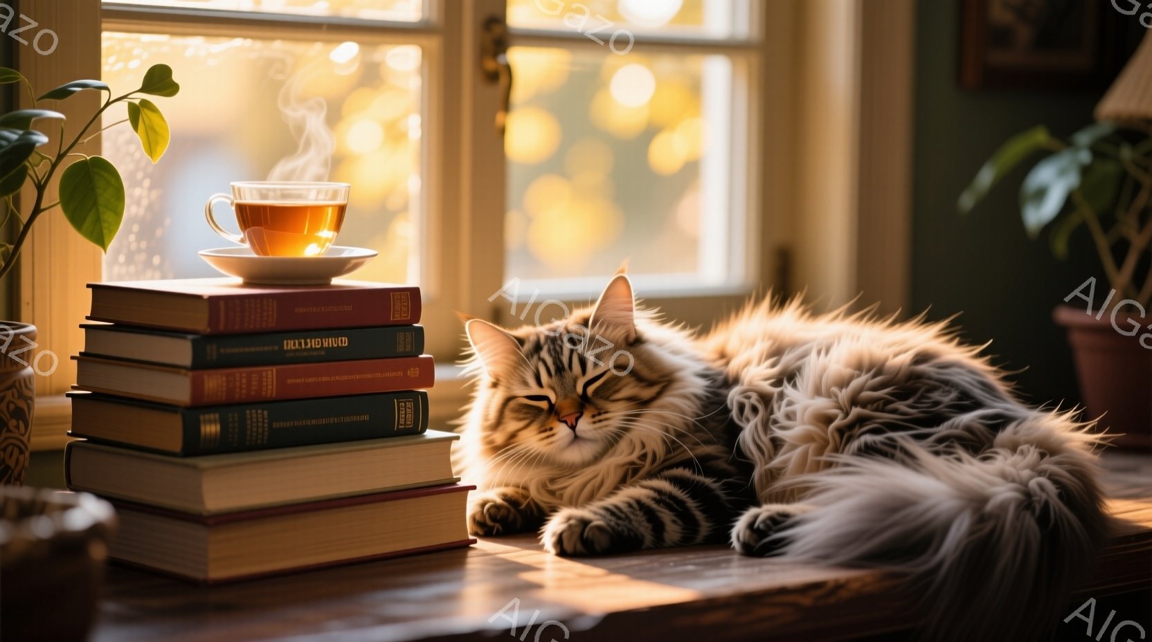 暖かい光が差し込む窓辺で、大きな猫が本の上に横たわっています。猫は毛並みが美しく、リラックスした表情で目を閉じ、穏やかな時間を過ごしているようです。背景には植物があり、温かく落ち着いた雰囲気を醸し出し - AI生成フリー素材