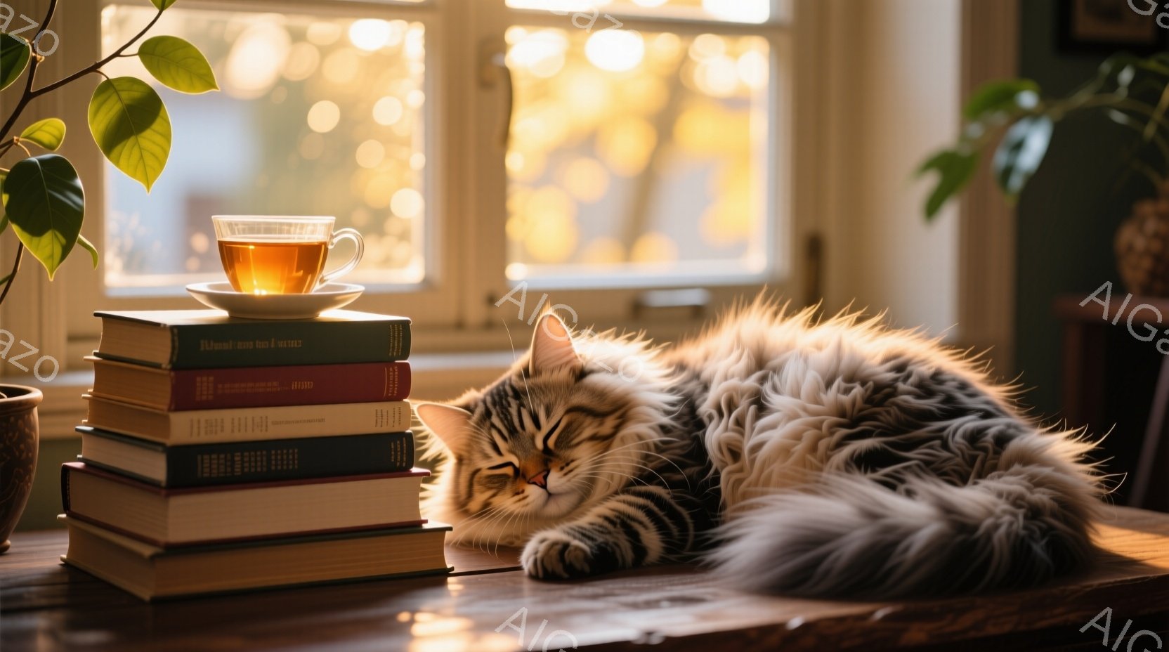 縞模様のふわふわの猫が、積み重ねられた本の上に丸まって眠っています。窓から差し込む暖かい光が猫の毛並みを照らし、リラックスした雰囲気を醸し出しています。背景には緑豊かな植物が見え、穏やかで心地よい空間 - AI生成フリー素材