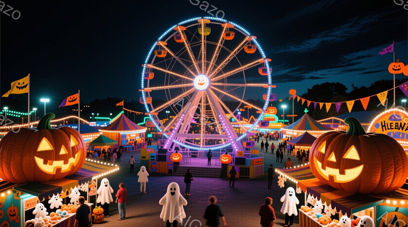 夜の遊園地が描かれており、背景にはライトアップされた観覧車がそびえ立っています。人々はハロウィンの仮装をしており、幽霊の仮装をした人物や、カジュアルな服装の人々が楽しそうに歩き回っています。カボチャの - AI生成フリー素材