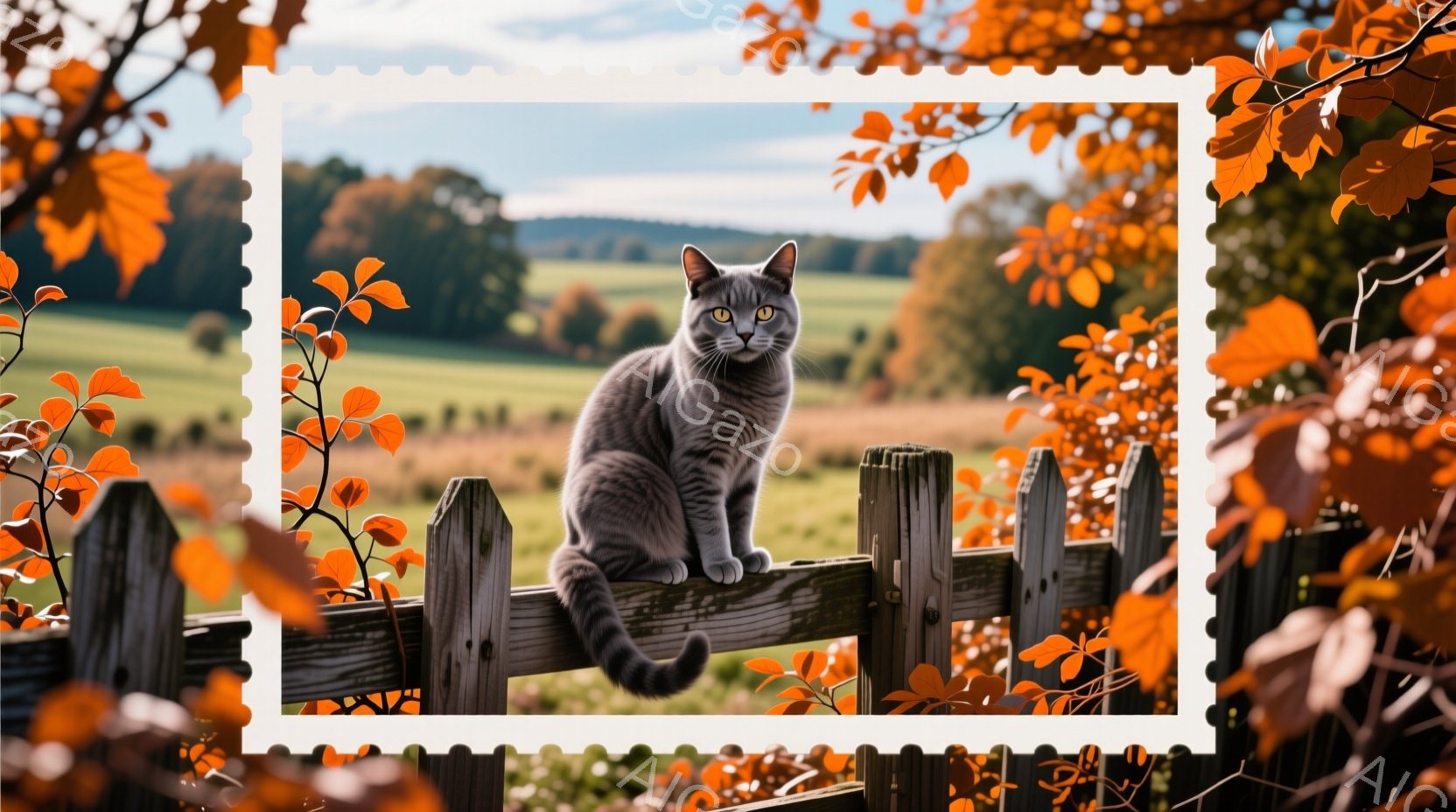 グレーの毛並みを持つ猫が、古びた木の柵の上でリラックスして座っています。その表情は穏やかで、まるで周囲の景色を眺めているようです。背景には緑豊かな牧草地が広がり、秋らしいオレンジ色の葉が周囲を彩り、穏やかで温かい雰囲気を醸し出しています。