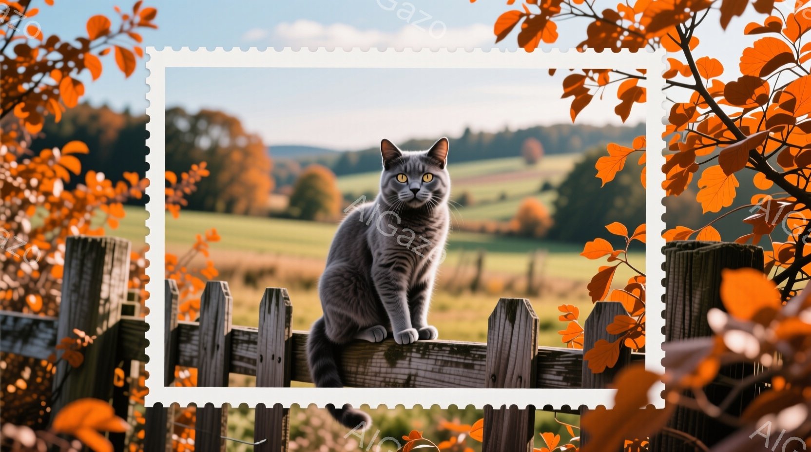 グレーがかった毛並みの猫が、木製の柵の上に座って遠くを見つめている。背景には緑豊かな牧草地が広がり、遠くに木々が見える穏やかな風景が広がっている。温かい日差しと猫の落ち着いた姿勢から、平和で穏やかな雰 - AI生成フリー素材