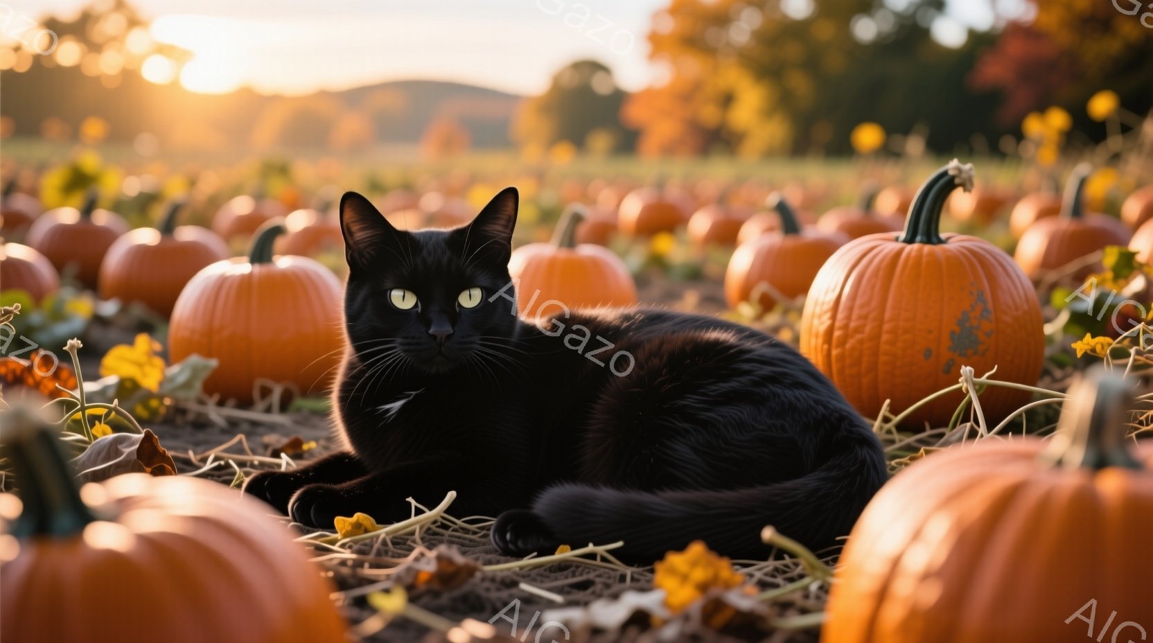 黒猫がオレンジ色のカボチャ畑の中に横たわっています。猫は前足を伸ばし、リラックスした様子で、緑色の瞳が印象的です。背景には、夕暮れ時の柔らかな光が差し込み、秋の収穫の雰囲気を漂わせています。
