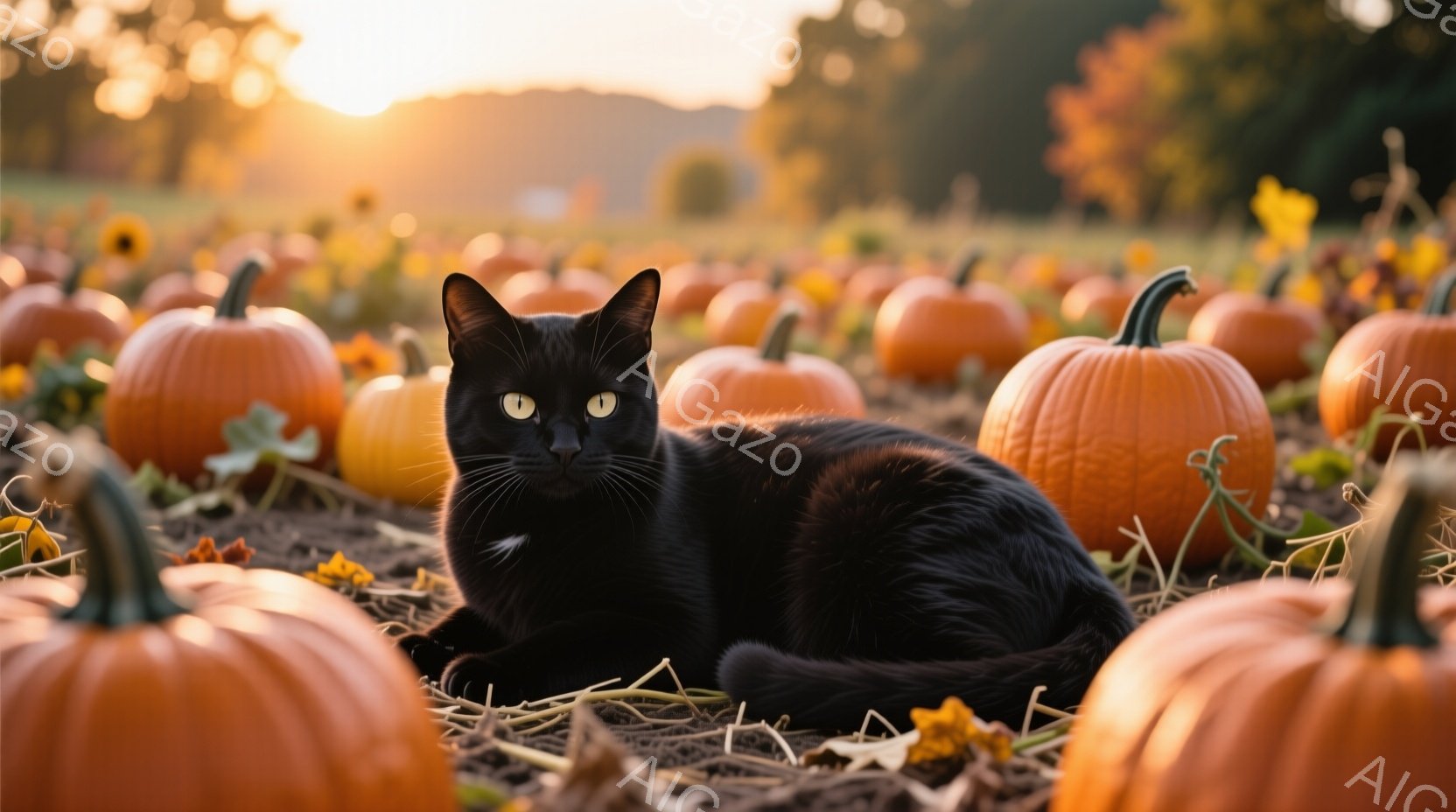 黒猫がオレンジ色のカボチャ畑の中に座っています。猫はリラックスした姿勢で、正面を見ており、鮮やかな緑色の目が印象的です。背景には、夕暮れ時の太陽が柔らかい光を投げかけ、カボチャと猫のコントラストを強調 - AI生成フリー素材