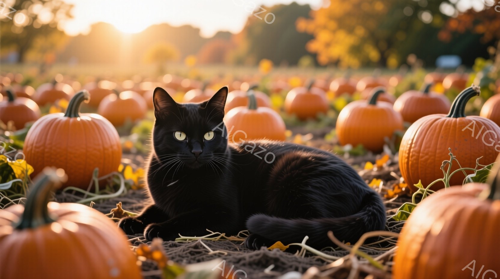 黒猫がオレンジ色のカボチャ畑に座っています。猫は前方をまっすぐ見つめ、少し神秘的な表情をしています。背景にはたくさんのカボチャが並び、夕焼けのような暖かい光が差し込んでおり、秋の穏やかな雰囲気が漂って - AI生成フリー素材