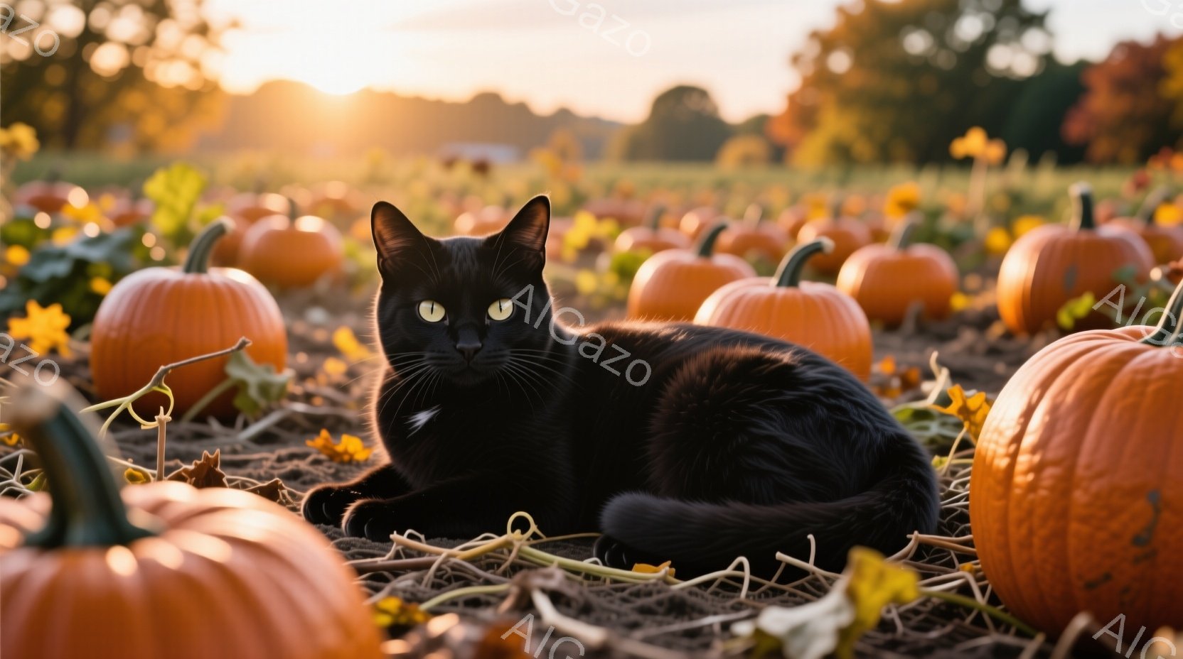 黒猫がオレンジ色のカボチャ畑に横たわっています。猫は前足を揃え、こちらをじっと見つめており、その目は鮮やかな緑色です。背景には、夕焼けに照らされたカボチャ畑が広がり、穏やかで秋らしい雰囲気を醸し出しています。
