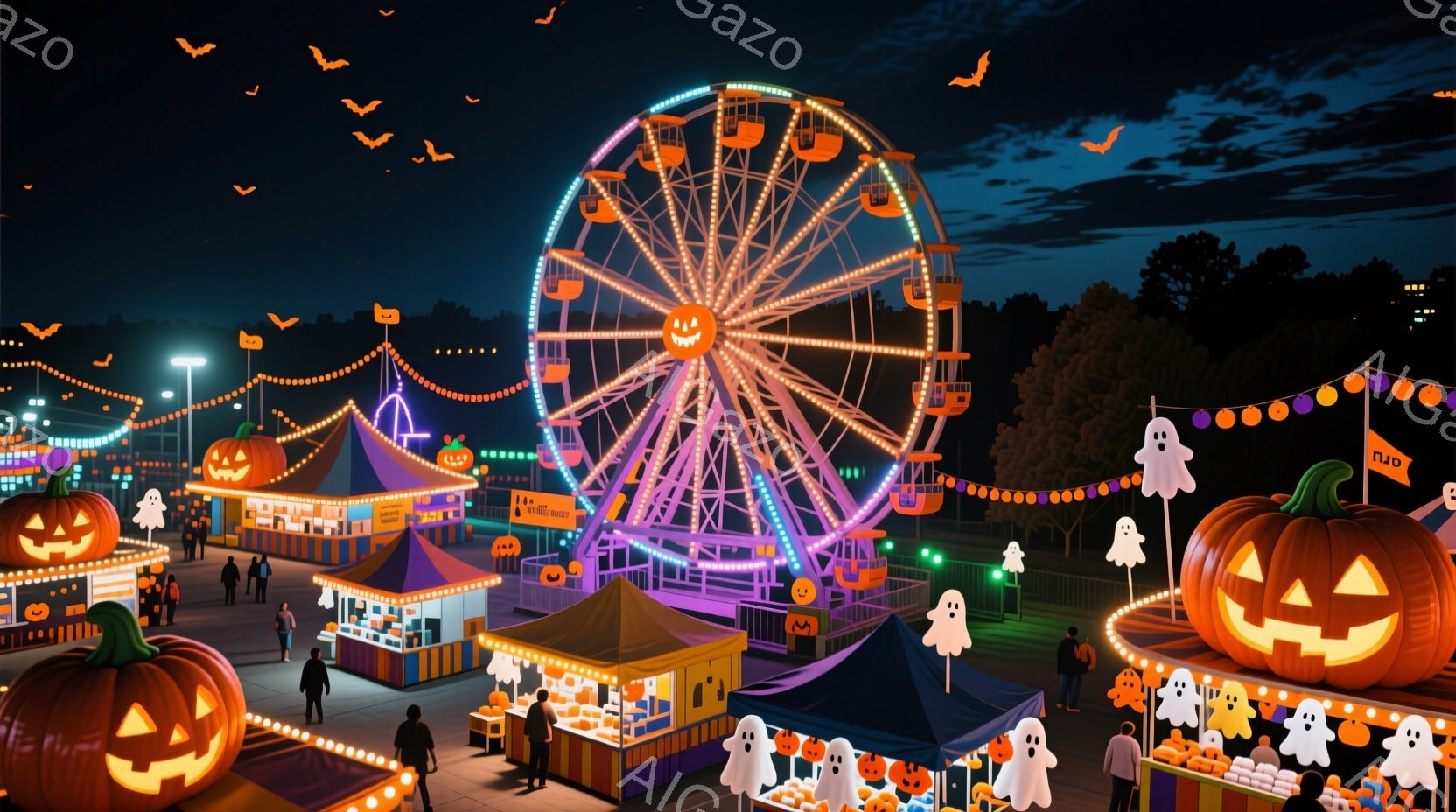 ハロウィーンの遊園地が夜に賑わっています。紫とオレンジの光で彩られた観覧車を中心に、カボチャのランタンや幽霊の飾り付けが至る所にあります。人々は楽しそうに歩き回り、お菓子やゲームを楽しんでいるようです - AI生成フリー素材