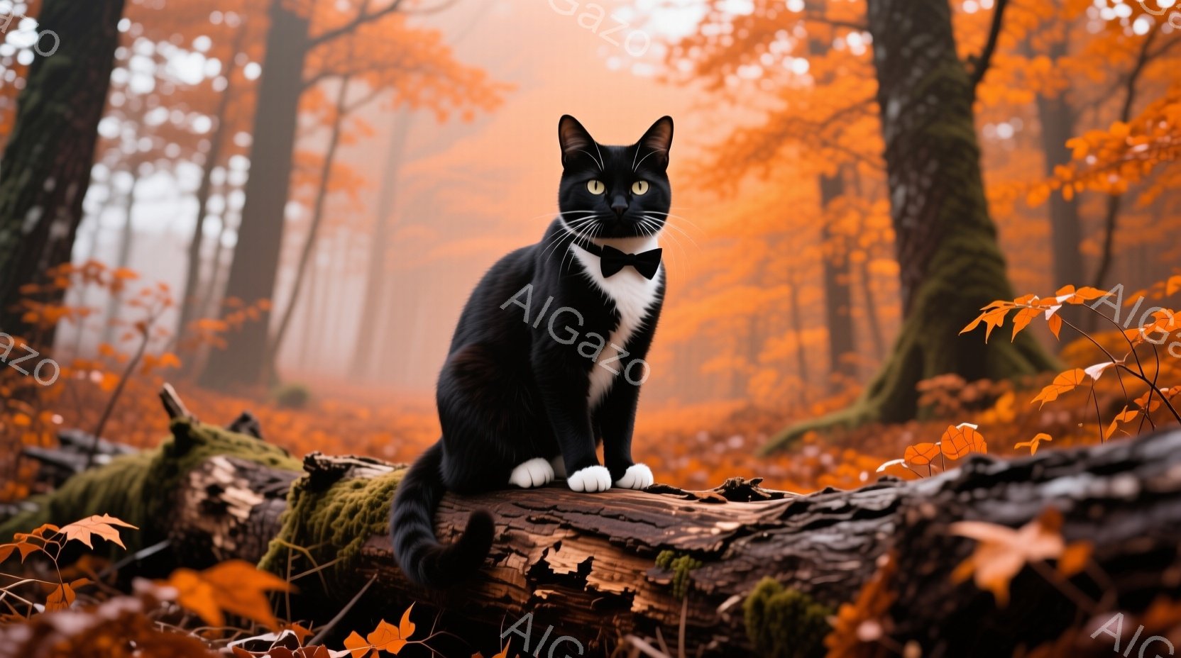 白と黒の猫が、倒木の上で優雅に座っている。鮮やかなオレンジ色の背景には、秋の紅葉とぼんやりとした木々が広がり、暖かく幻想的な雰囲気を醸し出している。猫はまるで紳士のように、黒い蝶ネクタイをつけ、落ち着いた表情でこちらを見ている。