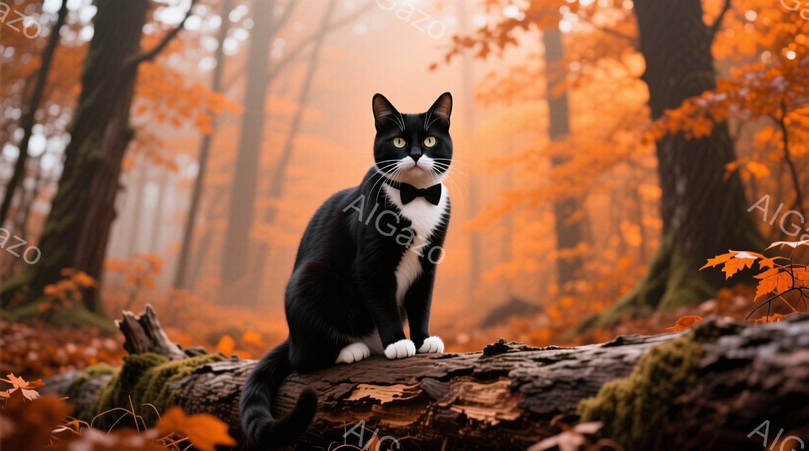 白と黒の猫が、朽ちた丸太の上で前足を揃えて座っている。鮮やかなオレンジ色の背景には、秋の森が広がり、落ち葉が散りばめられている。猫は首に蝶ネクタイをつけ、まっすぐ前を見つめる真剣な表情をしている。