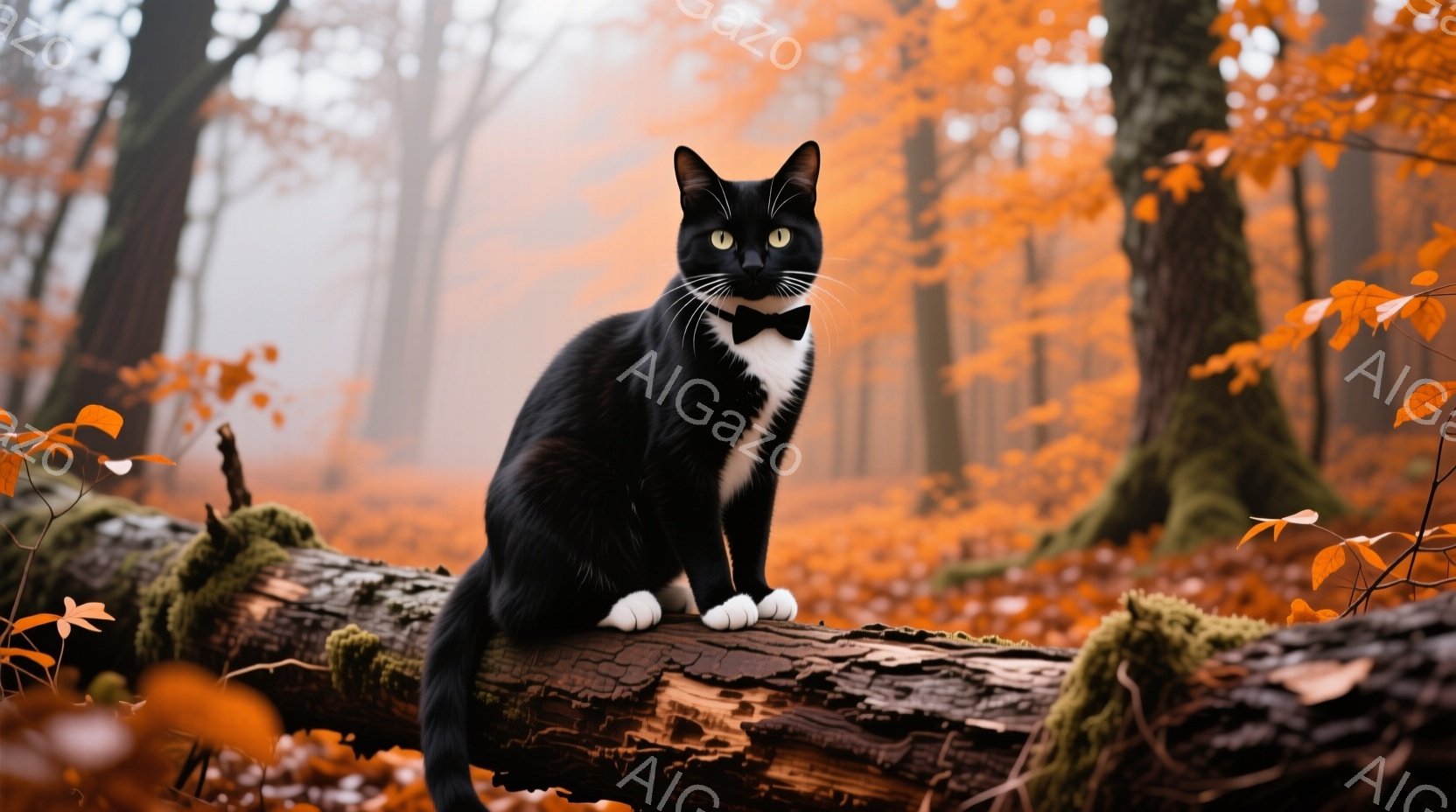 黒い毛並みに白い胸元と足を持つ猫が、苔むした倒木の上に優雅に座っている。その表情は自信に満ちており、黒い蝶ネクタイがフォーマルな印象を与えている。背景は秋の紅葉に包まれた森で、霧が立ち込め、暖かく幻想的な雰囲気を醸し出している。