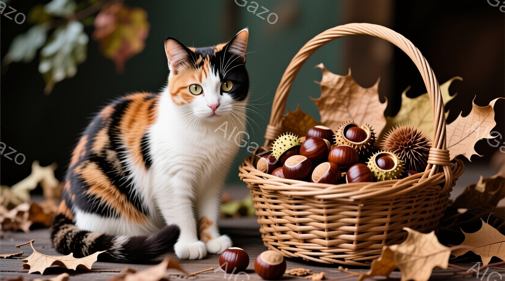 白とオレンジと黒のまだら模様の猫が、木の板の上に座ってこちらを見ています。猫の周りには落ち葉が散らばり、隣にはドングリや栗がたくさん入った編み込みの籠があります。全体的に秋の暖かく穏やかな雰囲気が漂っています。