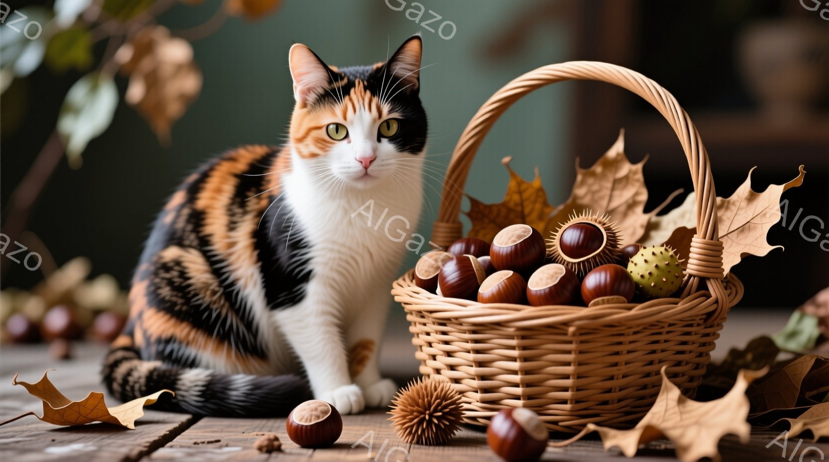 白とオレンジと黒の毛並みの猫が、木の板の上に座ってこちらを見ている。その隣には、ドングリや栗、ハリネズミの装飾が盛られた籐のバスケットがある。背景はぼやけており、秋らしい暖色系の色調で、全体的に温かく穏やかな雰囲気を醸し出している。