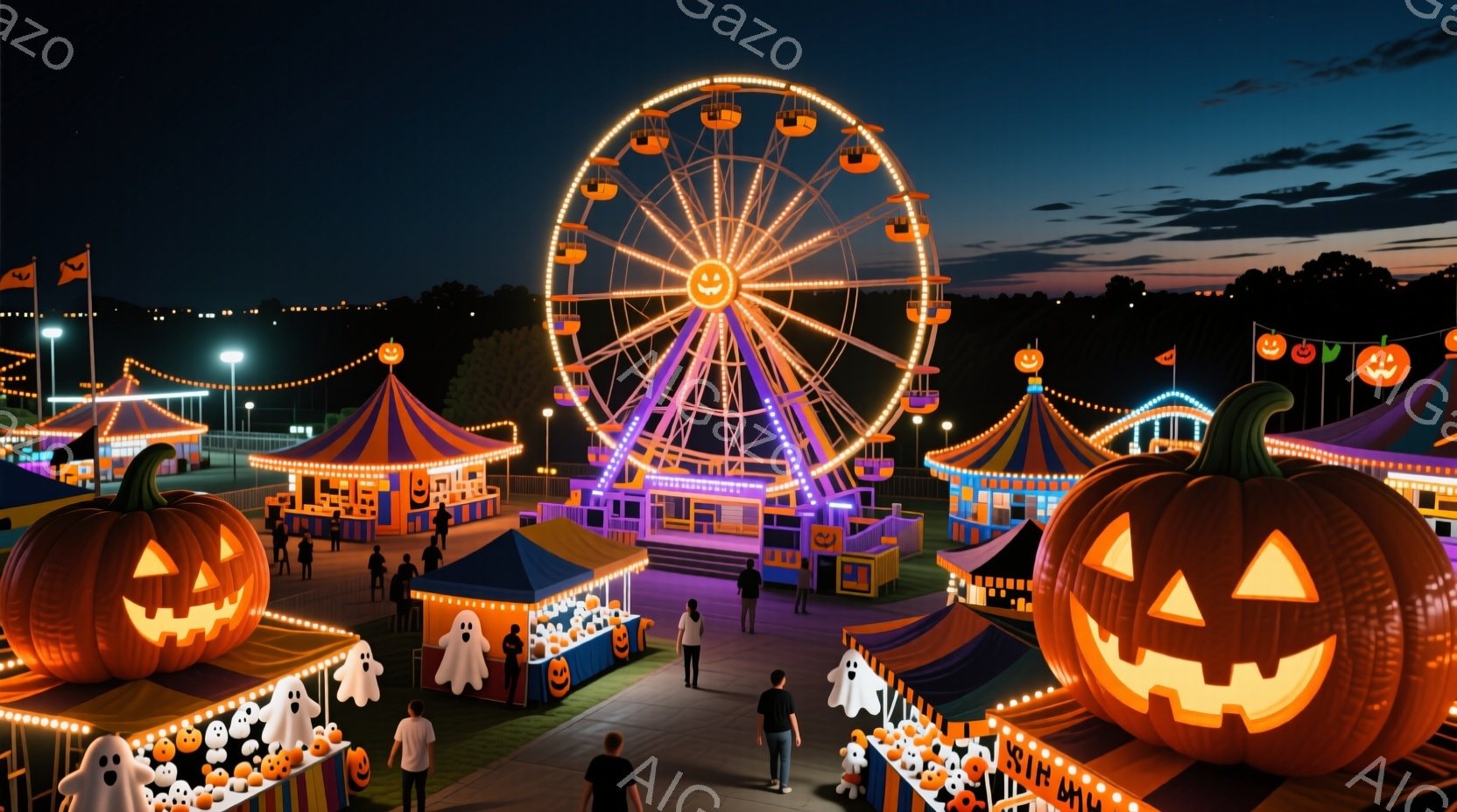 夜の遊園地がハロウィーンの装飾で賑わっています。観覧車やゲームブースがオレンジと紫色の光に照らされ、人々はカジュアルな服装で楽しんでいます。背景には木々が見え、暗い空と遊園地の明るい光のコントラストが - AI生成フリー素材