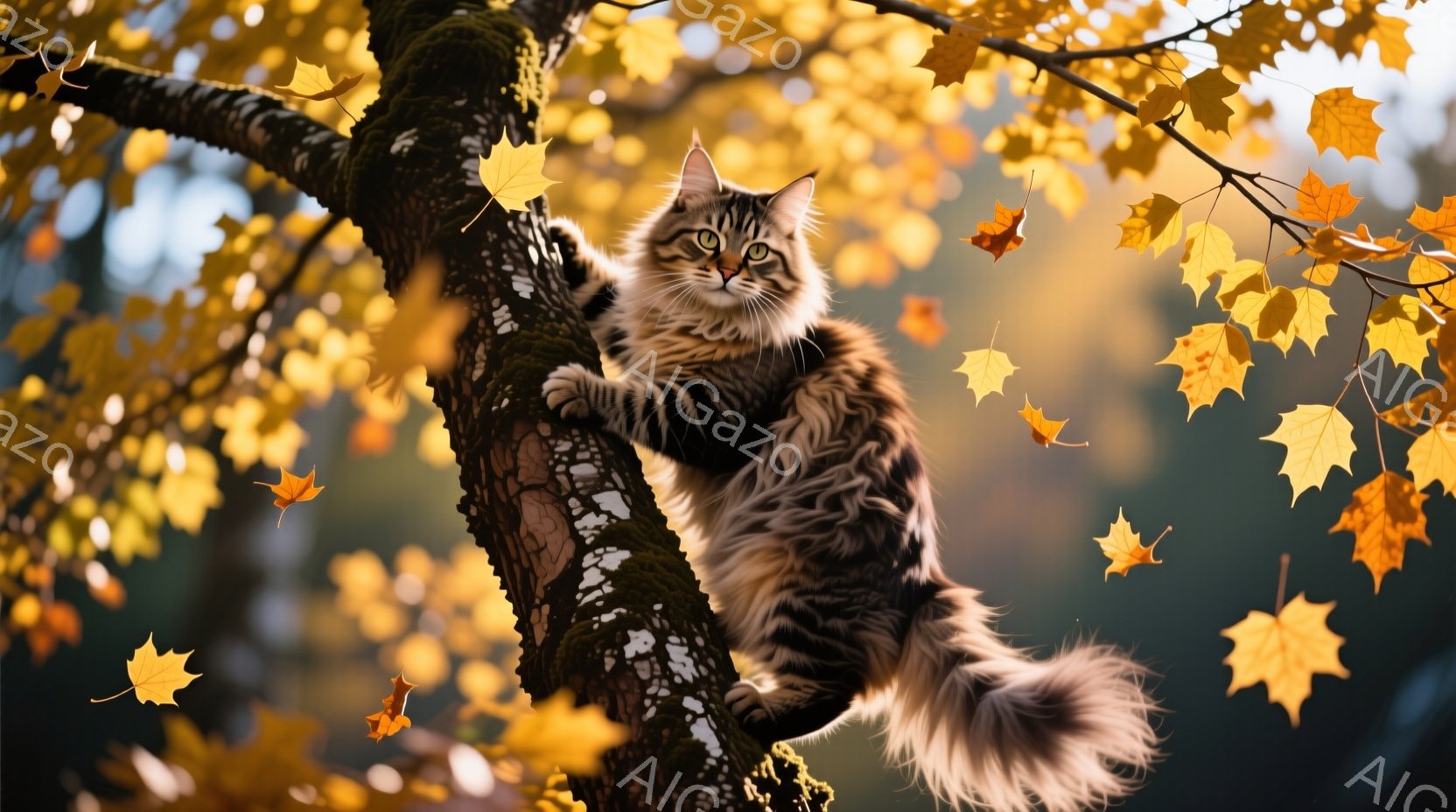 長毛の茶トラ猫が木の幹にしがみつき、こちらを見ています。背景は鮮やかな紅葉とぼやけた自然で、秋の暖かく穏やかな雰囲気を醸し出しています。猫の毛並みはふさふさとしており、鮮やかな秋の色彩の中で、優雅さと安らぎを感じさせます。