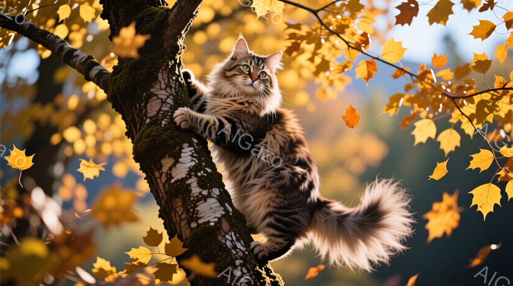 長毛の縞模様の猫が、苔むした木の幹によじ登っている様子が写っている。猫は上を見つめ、ふさふさとした尻尾が特徴的だ。背景には、秋らしい紅葉が舞い、暖かく穏やかな雰囲気を醸し出している。