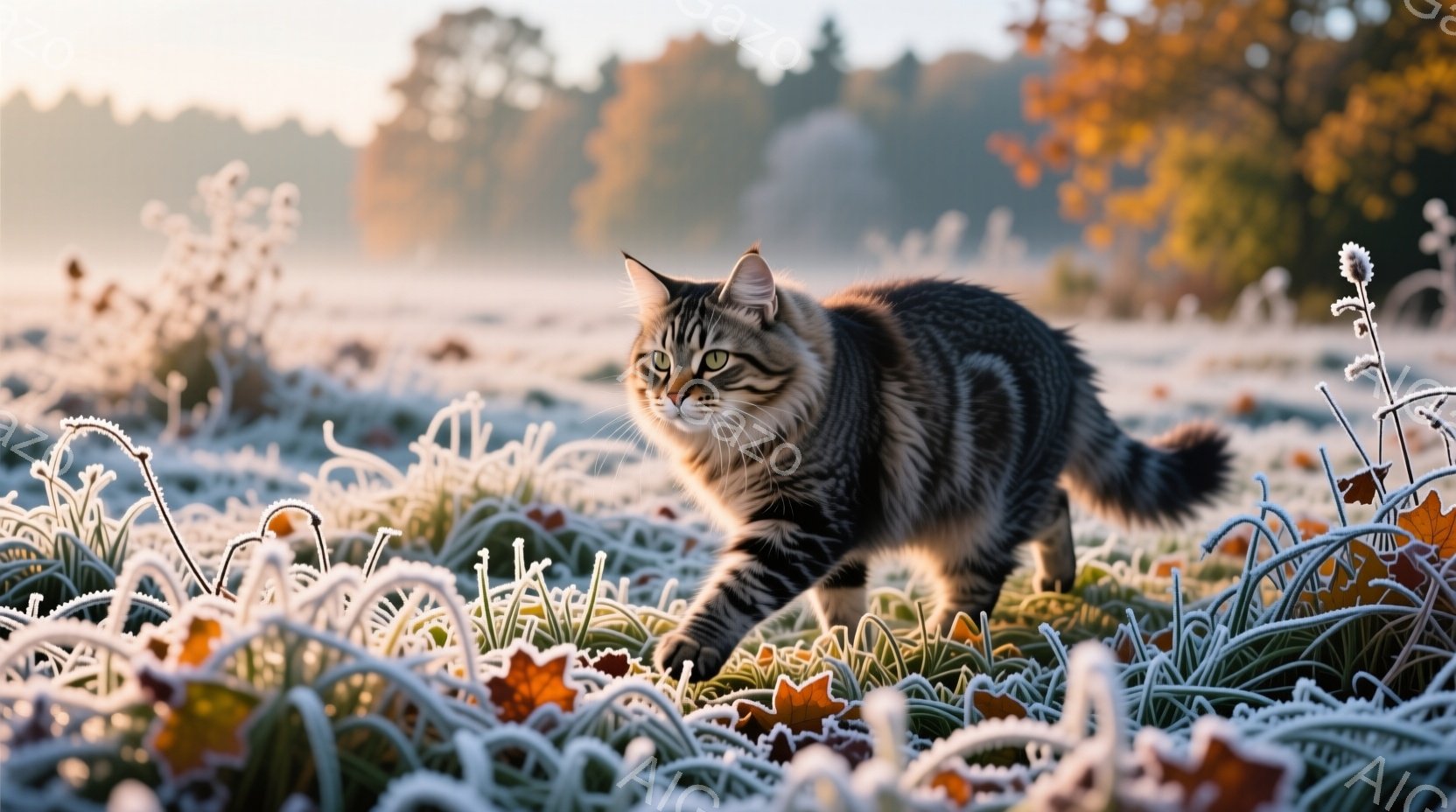 白霜で覆われた草むらの中を、縞模様の猫が前進している。猫は緑色の目を持ち、警戒しながらも静かに歩を進めている様子が伺える。背景にはぼやけた木々と朝焼けが広がり、冷たい空気と穏やかな光が共存する幻想的な雰囲気を醸し出している。