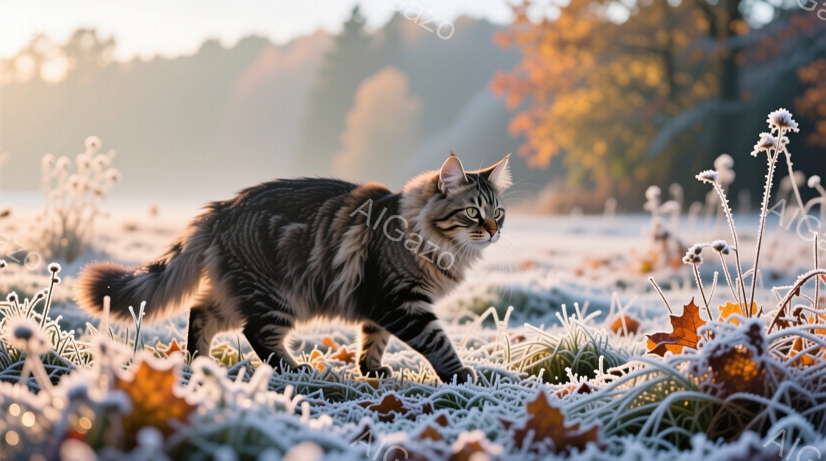 霜で覆われた草地の間に、縞模様の猫が歩いている。猫は顔を少し左に向け、警戒しながらも優雅な姿勢で前進している。背景には、朝日の光が差し込む木々がぼんやりと見え、冷たい空気と温かい光が混ざり合い、静かで - AI生成フリー素材