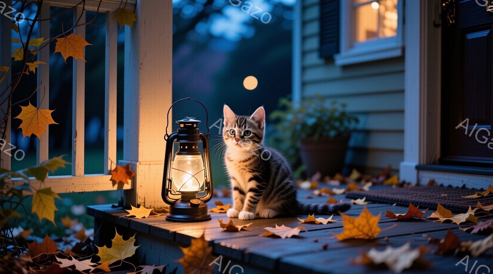 秋の夕暮れ時、木製のデッキにキティが座っています。オレンジ色の落ち葉がデッキに散らばり、アンティーク風のランタンがキティの横で温かい光を放っています。背景には、明かりの灯る家と、少し暗い空に輝く月が見 - AI生成フリー素材