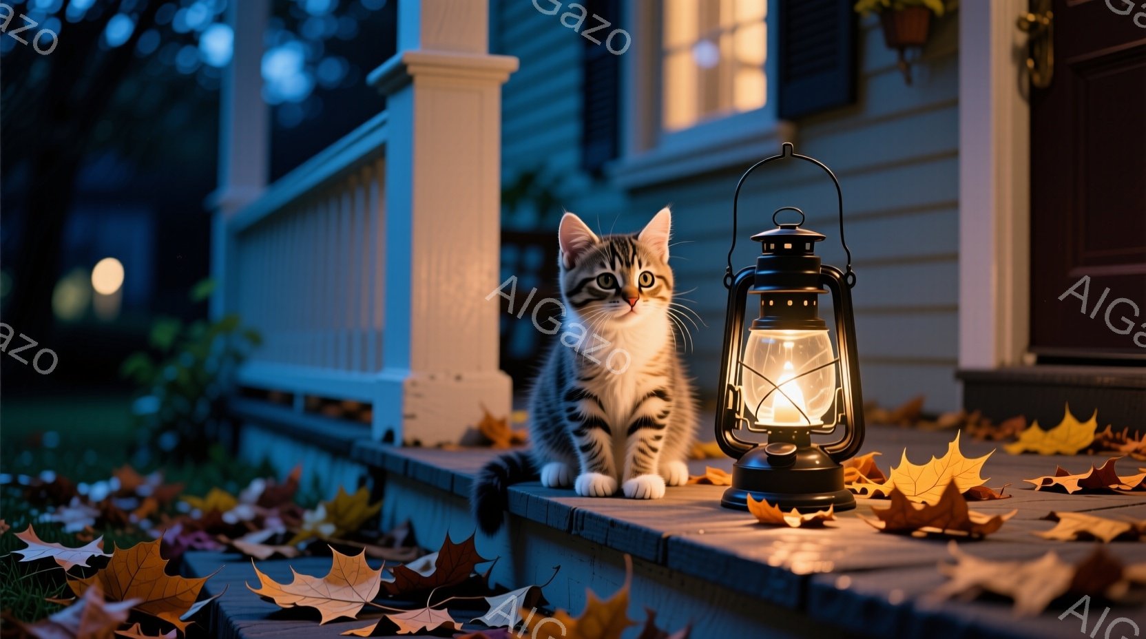 縞模様の小さな子猫が、落ち葉が散らばる家の階段に座っています。背後には薄暗い家の外観と、温かい光を放つランプが見え、秋の夜の静けさを感じさせます。暖色の光と落ち葉が、落ち着いた、ノスタルジックな雰囲気 - AI生成フリー素材