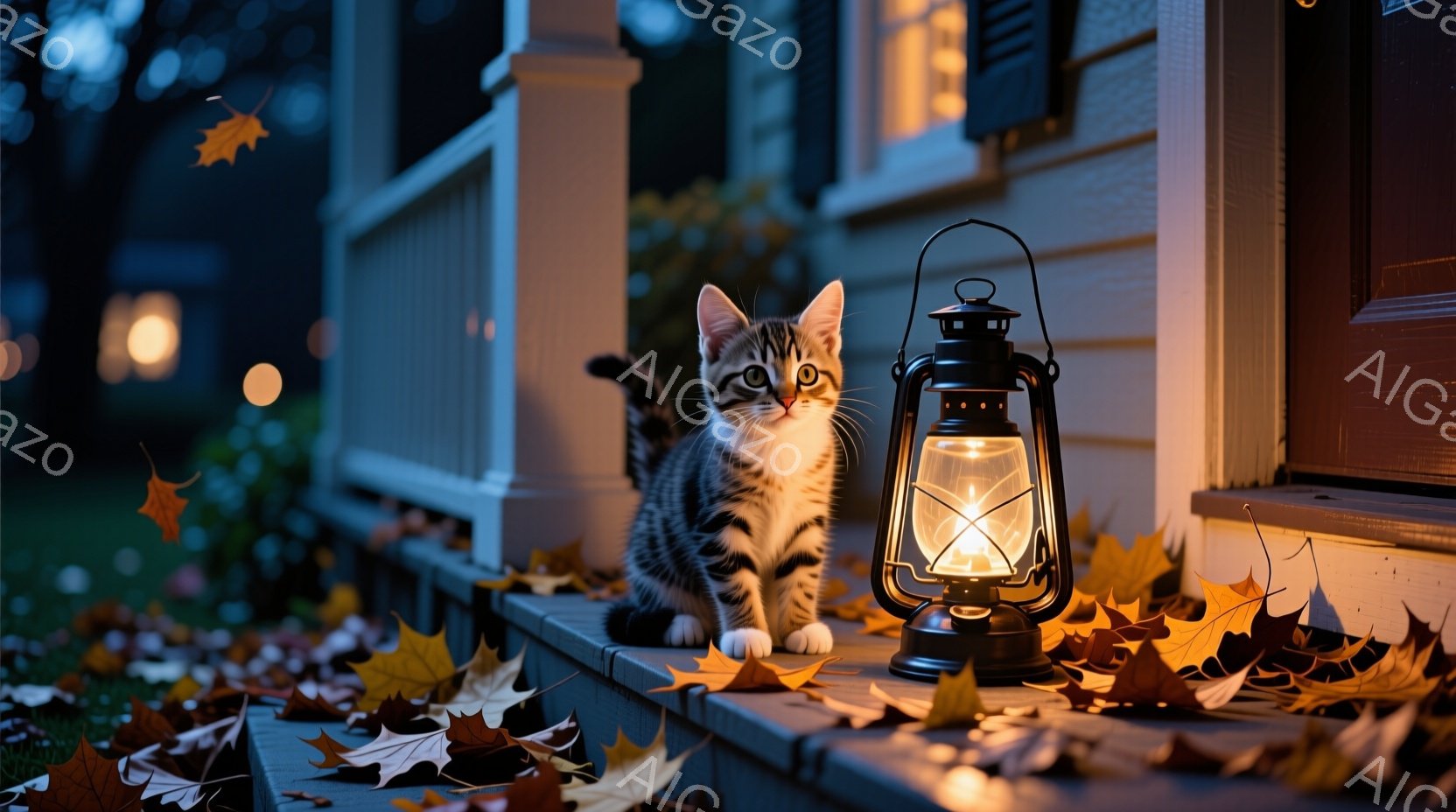 白と黒の縞模様の小さな子猫が、落ち葉が散らばる家の外の段差に座っています。背後には点灯したランタンがあり、暖かく穏やかな光を放っており、秋の夜の静けさを感じさせます。背景は暗く、家の窓からぼんやりとした光が漏れており、全体的に落ち着いた雰囲気を醸し出しています。