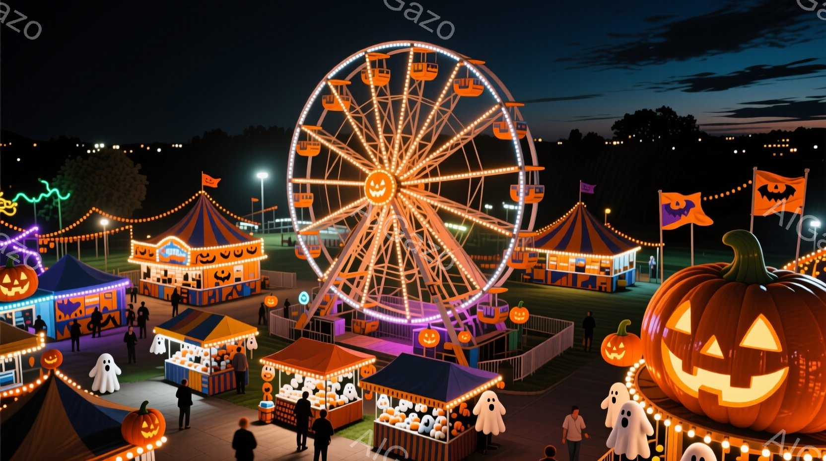 夜の遊園地がハロウィーンの装飾で彩られています。人々は様々な屋台の周りに集まり、ゲームを楽しんだり、お菓子を買ったりしています。背景には、ライトアップされた観覧車や、カボチャのランタン、幽霊の装飾が夜 - AI生成フリー素材