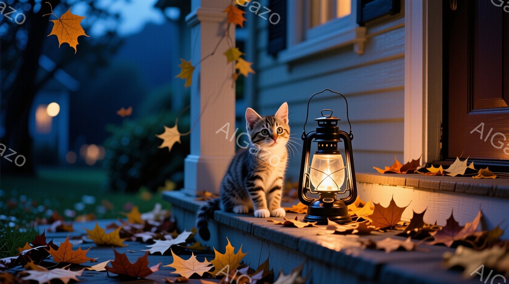 縞模様の小さな子猫が、落ち葉が散らばる家の外階段に座っています。背後には明るい光を放つランタンがあり、周囲は夕暮れ時の穏やかな光に包まれています。秋の夜の静かで温かい雰囲気が漂い、葉っぱが舞い散る様子が季節感を強調しています。