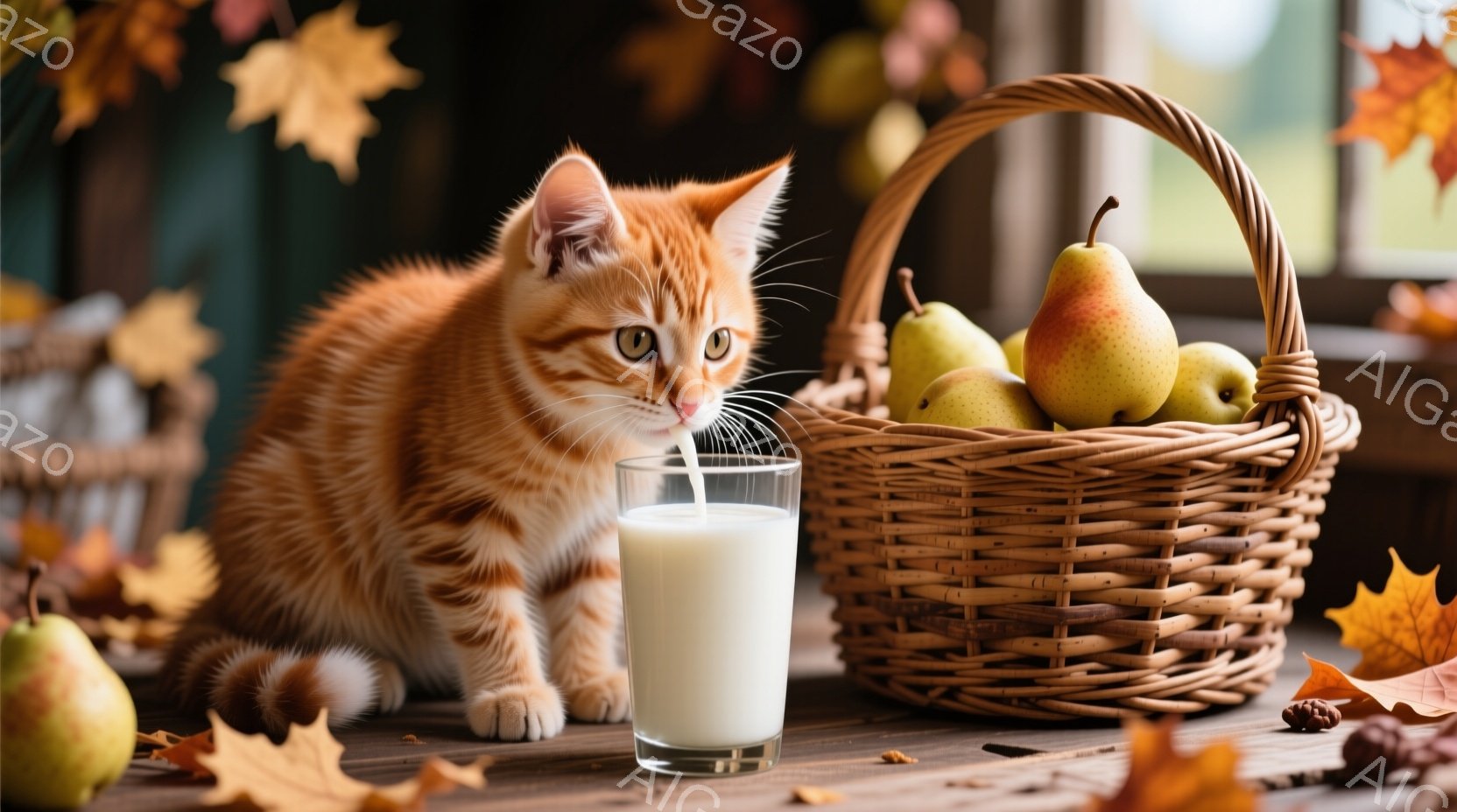 オレンジ色の縞模様の猫が、木製のテーブルの上に置かれたグラスに入ったミルクを飲んでいます。背景には、リンゴと洋梨が盛られたバスケットや、散らばる紅葉が季節を感じさせ、秋の暖かく穏やかな雰囲気を醸し出しています。全体的に、温かみのある自然光が差し込み、猫の愛らしい姿と相まって、心地よい情景が広がっています。