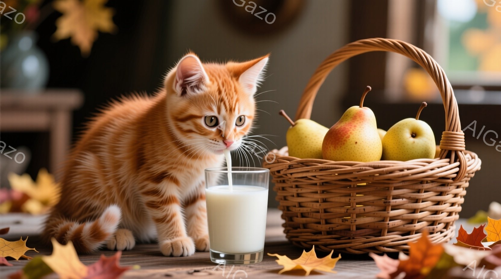 暖炉のある室内で、オレンジ色の縞模様の猫がミルクのグラスの前に座っています。猫は前足を伸ばし、少し身を乗り出してミルクを見つめており、好奇心と期待に満ちた表情をしています。背景には、リンゴが入ったバスケットや落ち葉が散らばる木製のテーブルがあり、秋の温かく落ち着いた雰囲気を醸し出しています。