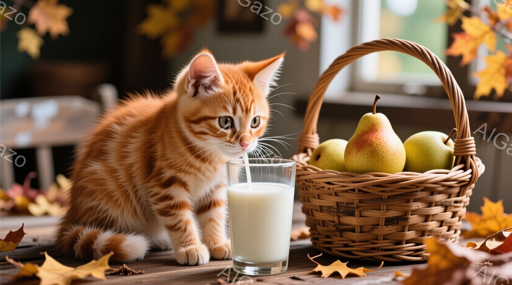 オレンジ色の縞模様の猫が、木製のテーブルの上でグラスに入ったミルクを見つめている。背景には、リンゴがいくつか入ったバスケットと、落ち葉が散らばっており、秋の暖かく穏やかな雰囲気を醸し出している。猫は前足を伸ばし、注意深くミルクに近づき、リラックスした様子で静止している。