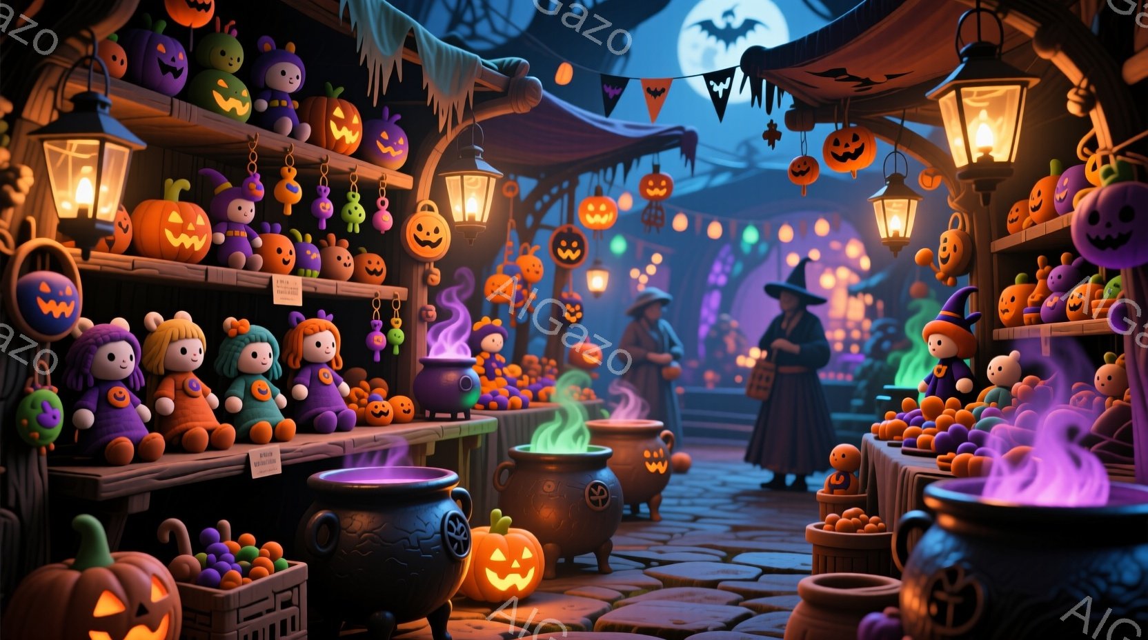 「ハロウィン」テーマの場所を表しています。人物は、鋭角の帽子と燃える灯りでイルミネートされた砂利道に沿って走っています。背景には、屋台や家屋があり、ハロウィンの装飾品（頭部の幽霊、豆を表すのぞう、色鮮 - AI生成フリー素材