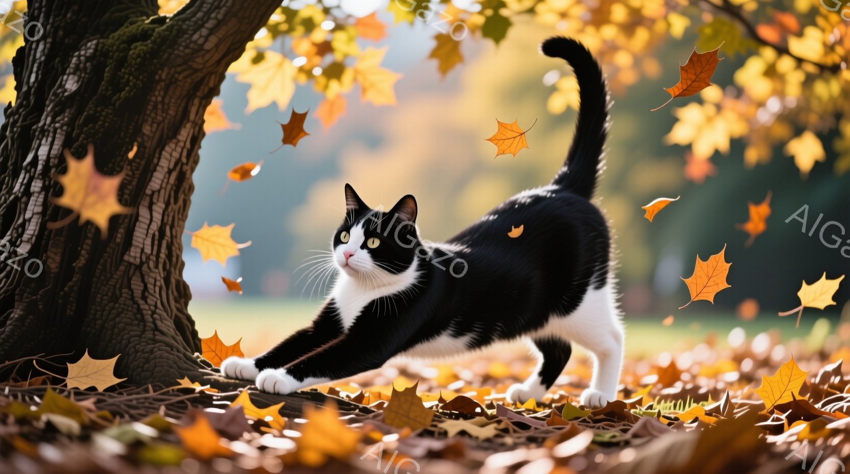 白と黒の猫が木の根元で伸びをしています。鮮やかなオレンジ色の紅葉が舞い散り、猫の周りを覆っています。背景にはぼやけた緑の草木が見え、秋の穏やかで美しい雰囲気が漂っています。 - AI生成フリー素材