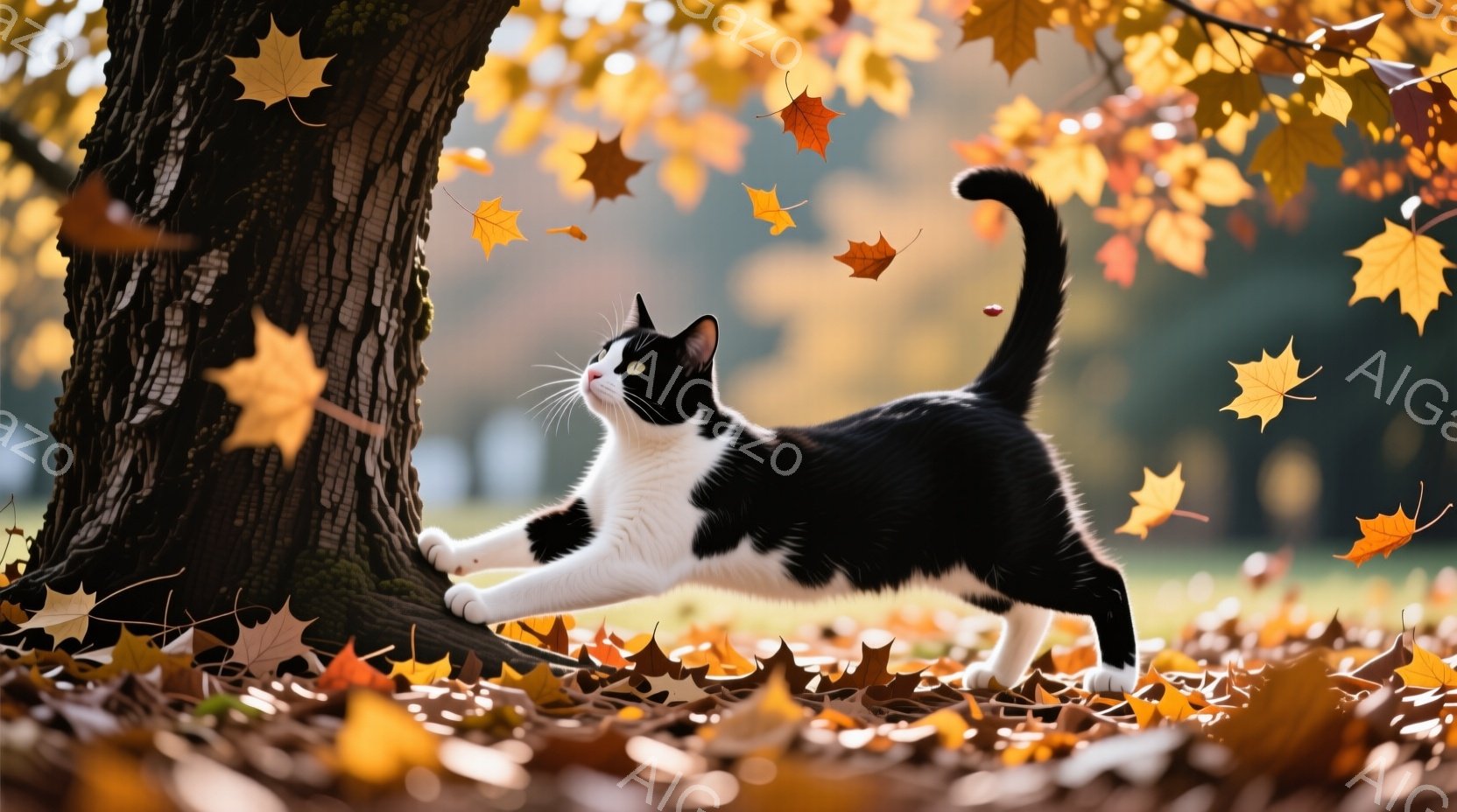 白と黒の猫が、木の幹に体を擦り付けて伸びをしています。周りには散りばめられた紅葉の葉が舞い、背景はぼやけた秋の風景が広がっています。暖かく、のどかな雰囲気で、猫はリラックスした様子で秋の自然を満喫しているように見えます。