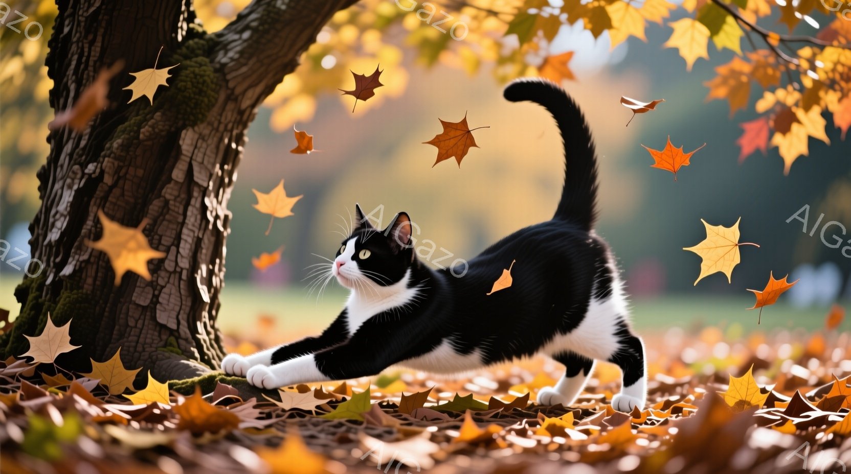 白と黒の猫が、落ち葉が敷き詰められた地面で体を伸ばしています。背景には緑の草地とぼやけた木々が見え、オレンジや赤色の落ち葉が舞い散っています。秋の穏やかで心地よい雰囲気が伝わってきます。 - AI生成フリー素材