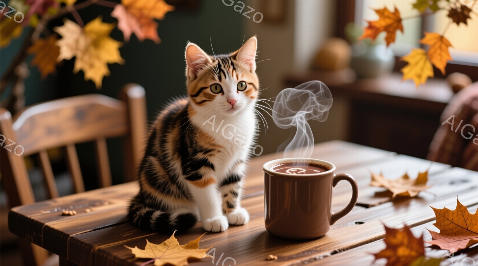 明るい茶色の木製のテーブルの上に、白と茶色の縞模様の猫が座っています。猫は正面を見つめ、リラックスした表情をしています。テーブルの上には落ち葉と湯気が立ち上るコーヒーカップがあり、暖かく穏やかな秋の雰 - AI生成フリー素材